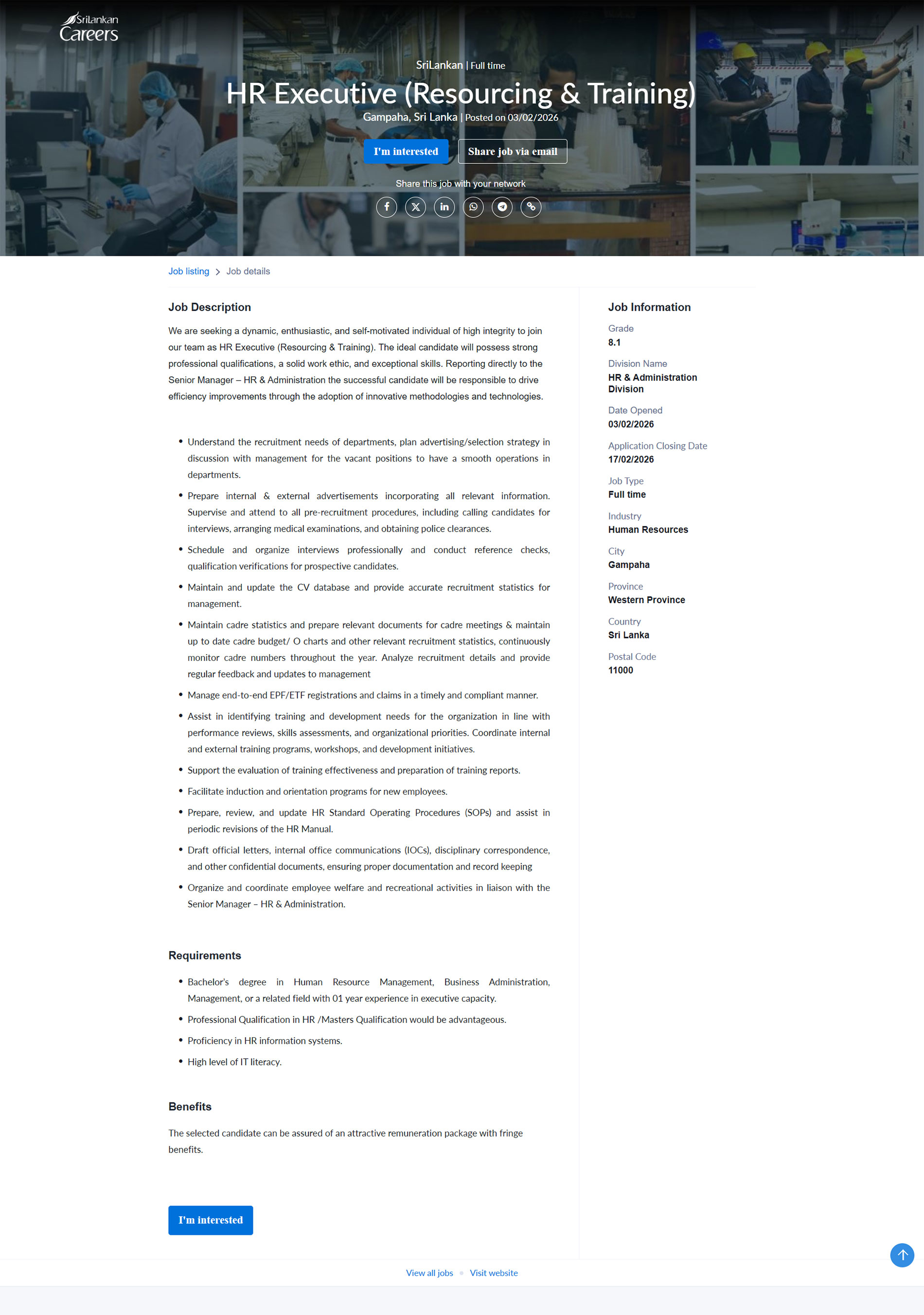 HR Executive (Resourcing & Training, Systems) - SriLankan Catering