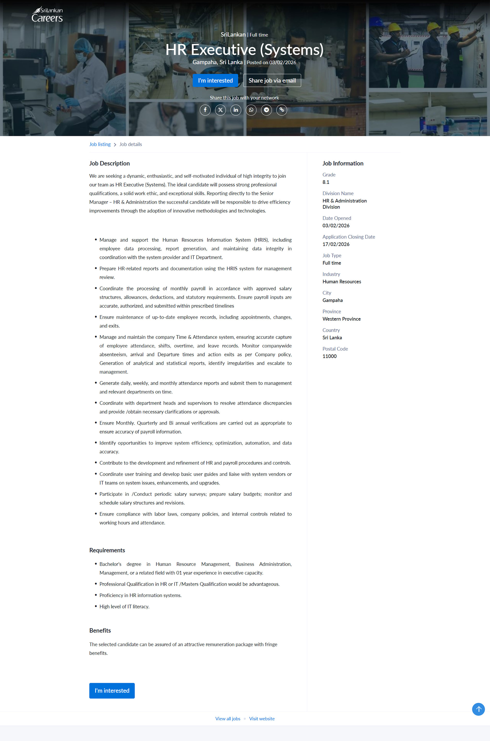 HR Executive (Resourcing & Training, Systems) - SriLankan Catering