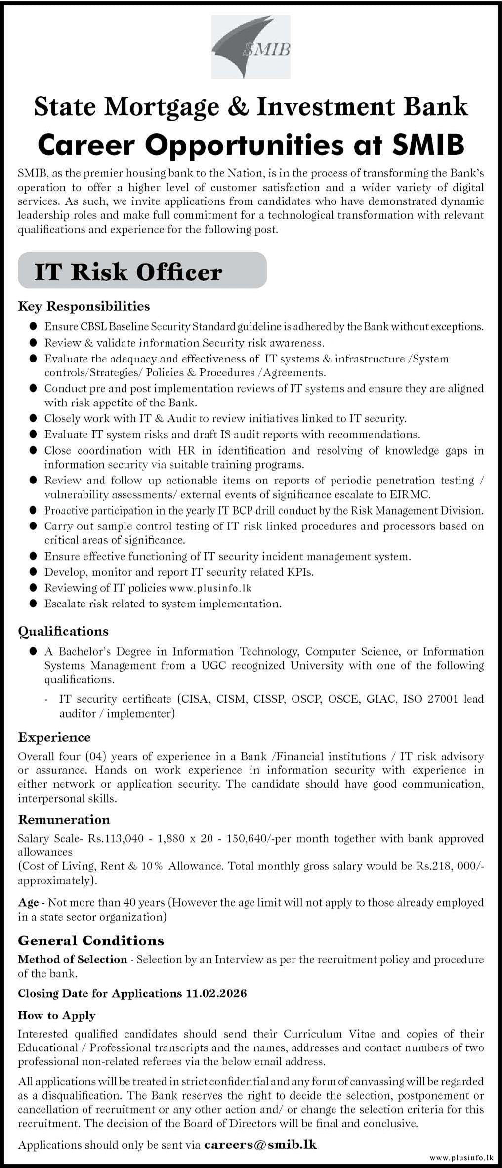 IT Risk Officer - State Mortgage & Investment Bank