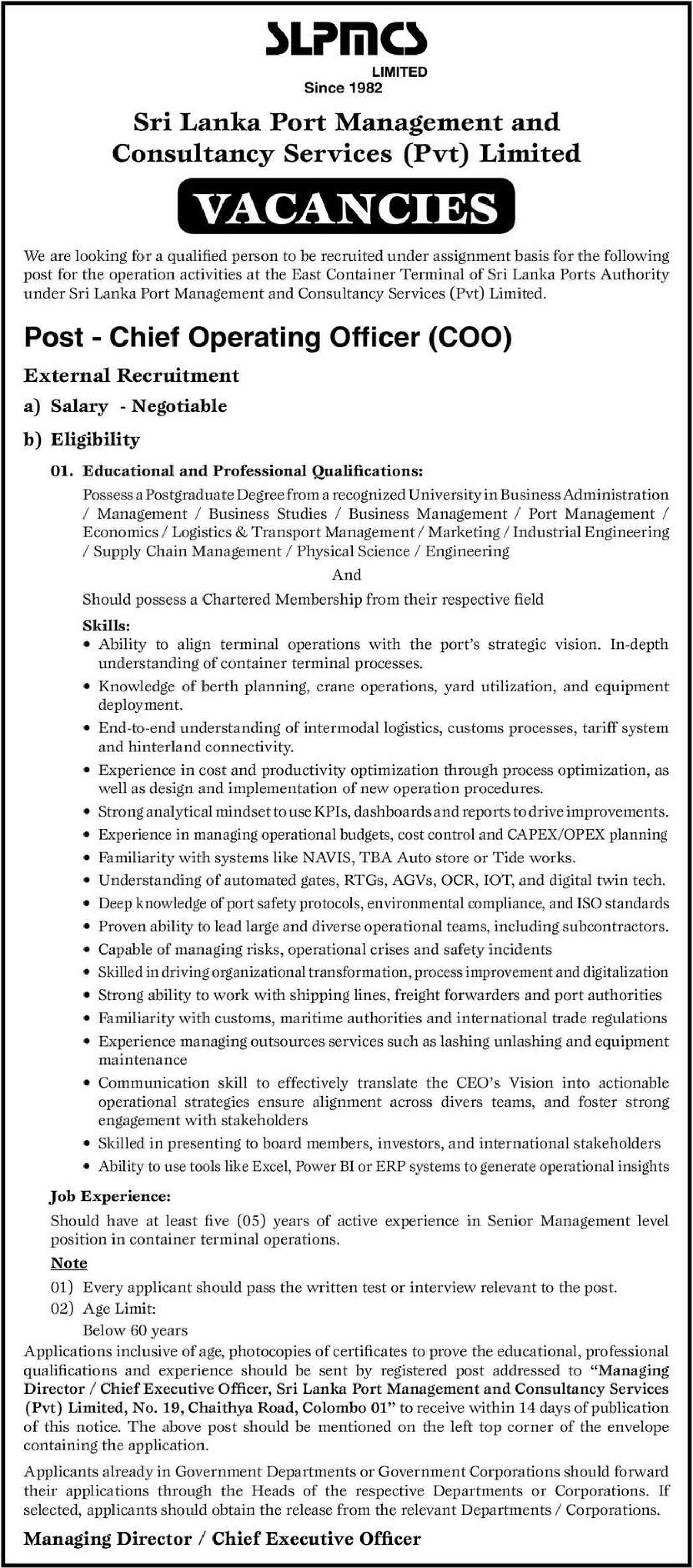 Chief Operation Officer - Sri Lanka Port Management & Consultancy Services (Pvt) Limited 