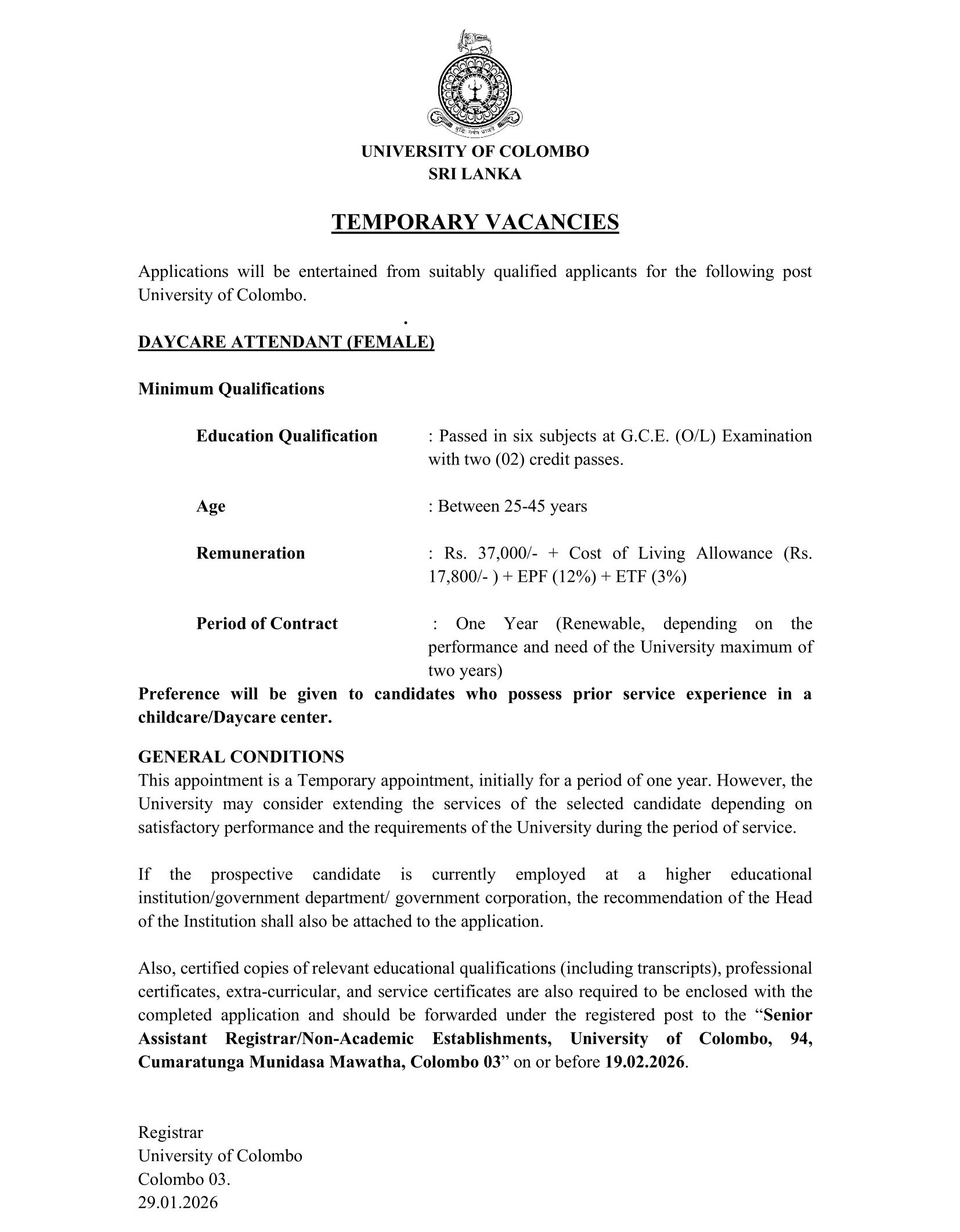 Daycare Attendant (Female) - University of Colombo
