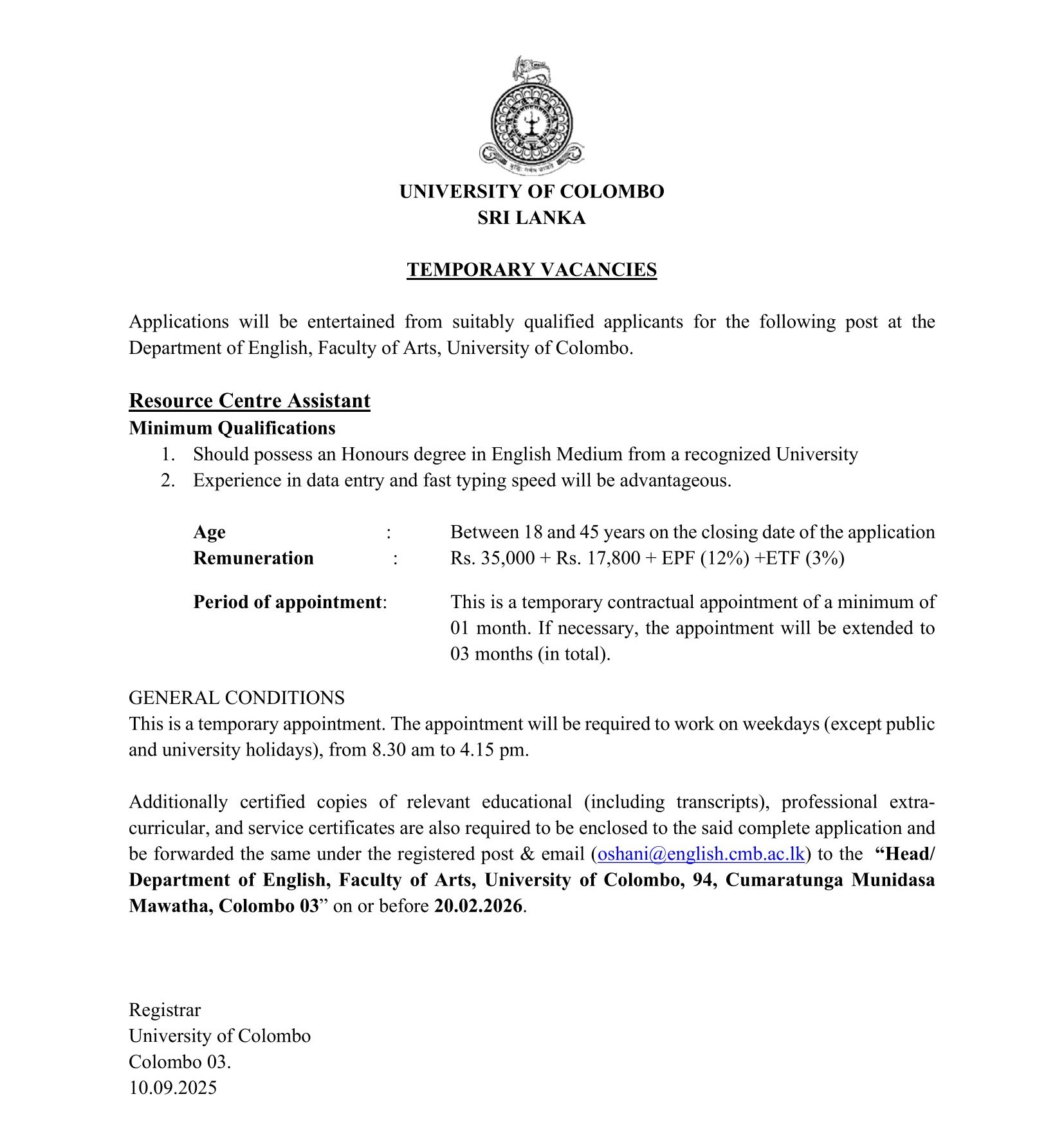 Resource Centre Assistant - University of Colombo