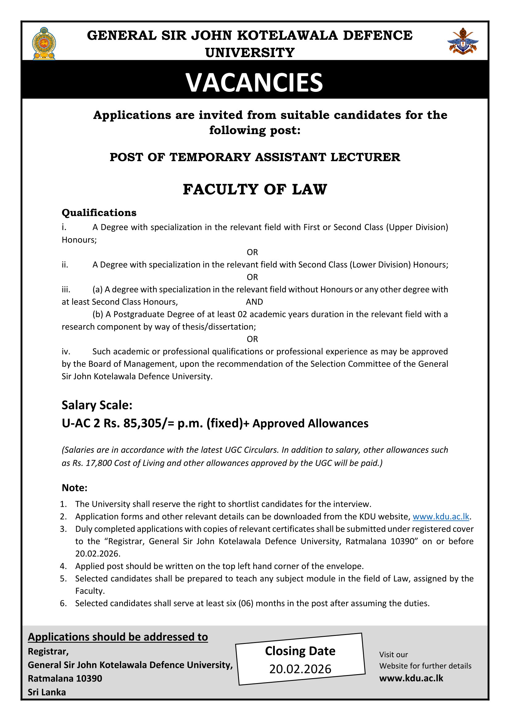 Temporary Assistant Lecturer - General Sir John Kotelawala Defence University