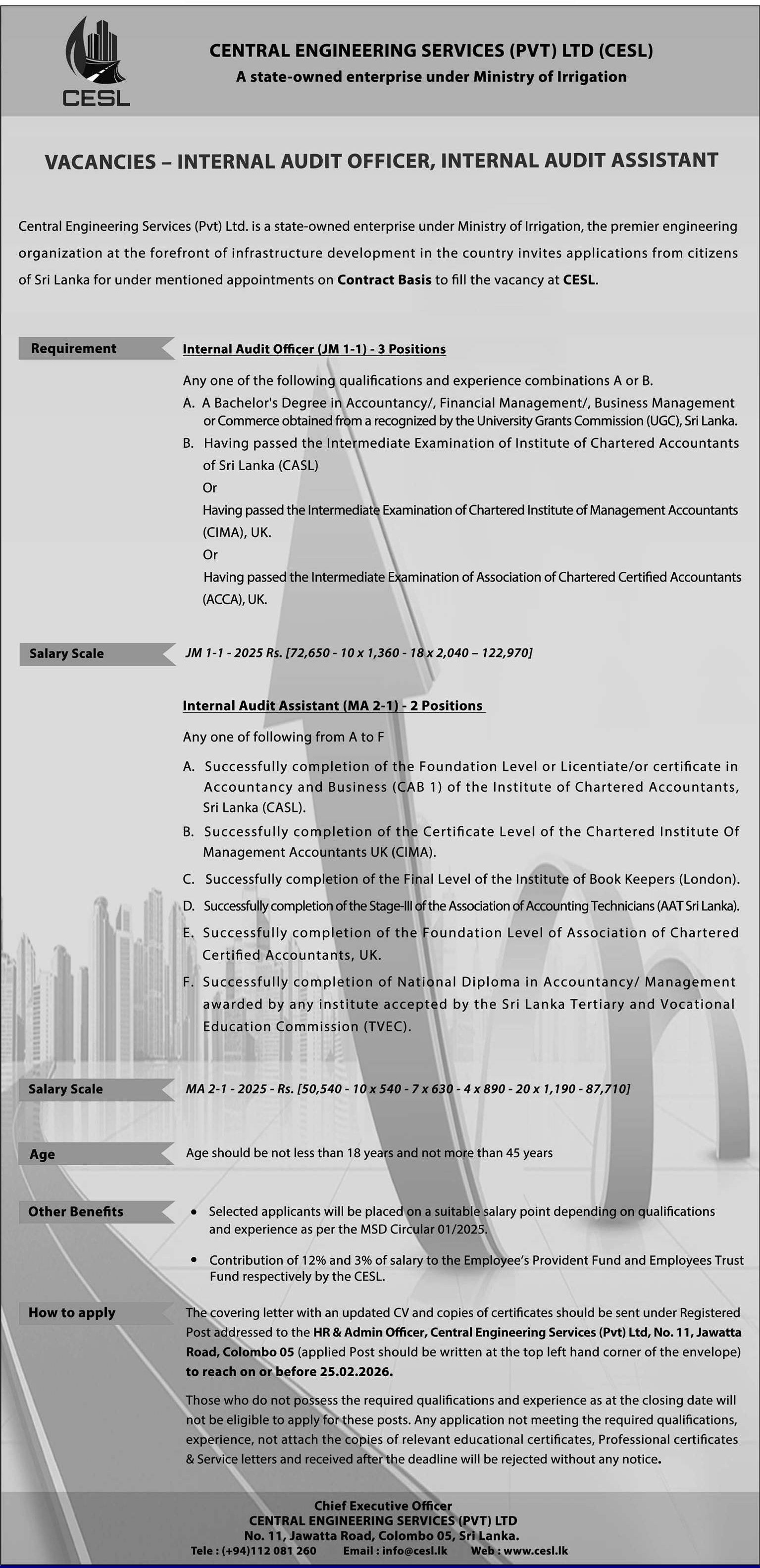 Internal Audit Officer, Internal Audit Assistant - Central Engineering Services (Pvt) Ltd