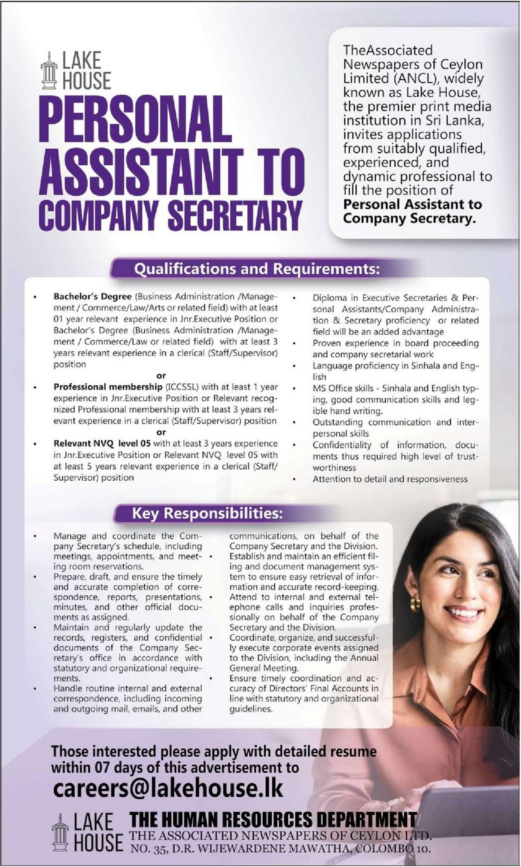 Personal Assistant to Company Secretary - The Associated Newspapers of Ceylon Limited