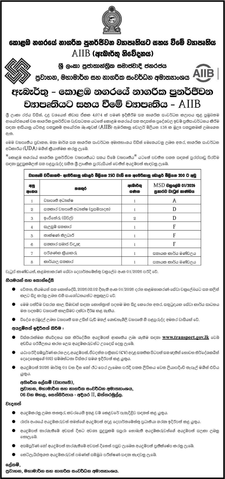 Project Director, Assistant Project Director, Engineer, Planning Assistant, Technical Officer, Assistant Sociologist, Computer Operator, Office Assistant - Ministry of Transport, Highways & Urban Development