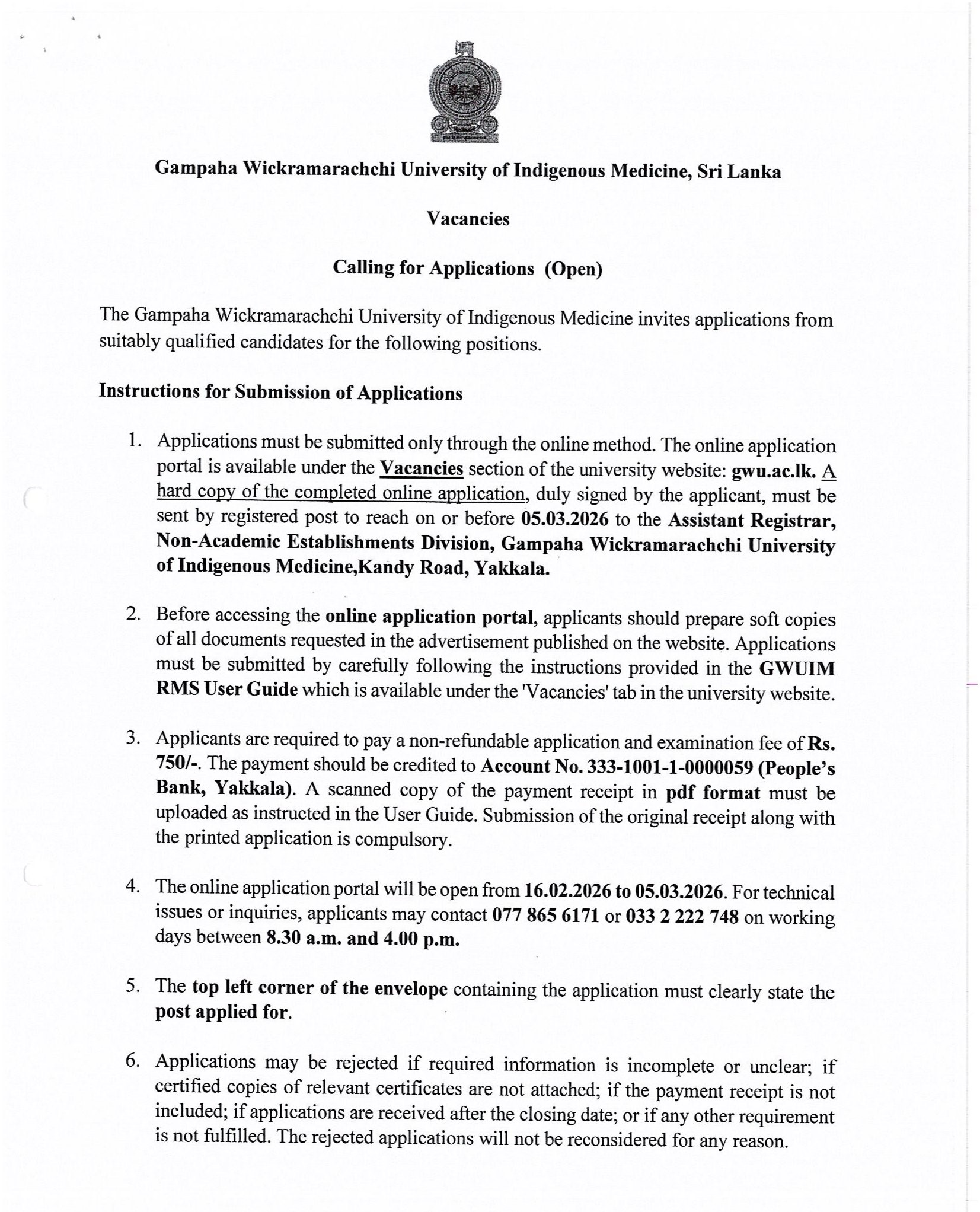 Management Assistant (Store Keeping, Book Keeper), Pharmacist, Technical Officer, Security Inspector, Driver, Electrician - Gampaha Wickramarachchi University of Indigenous Medicine  
