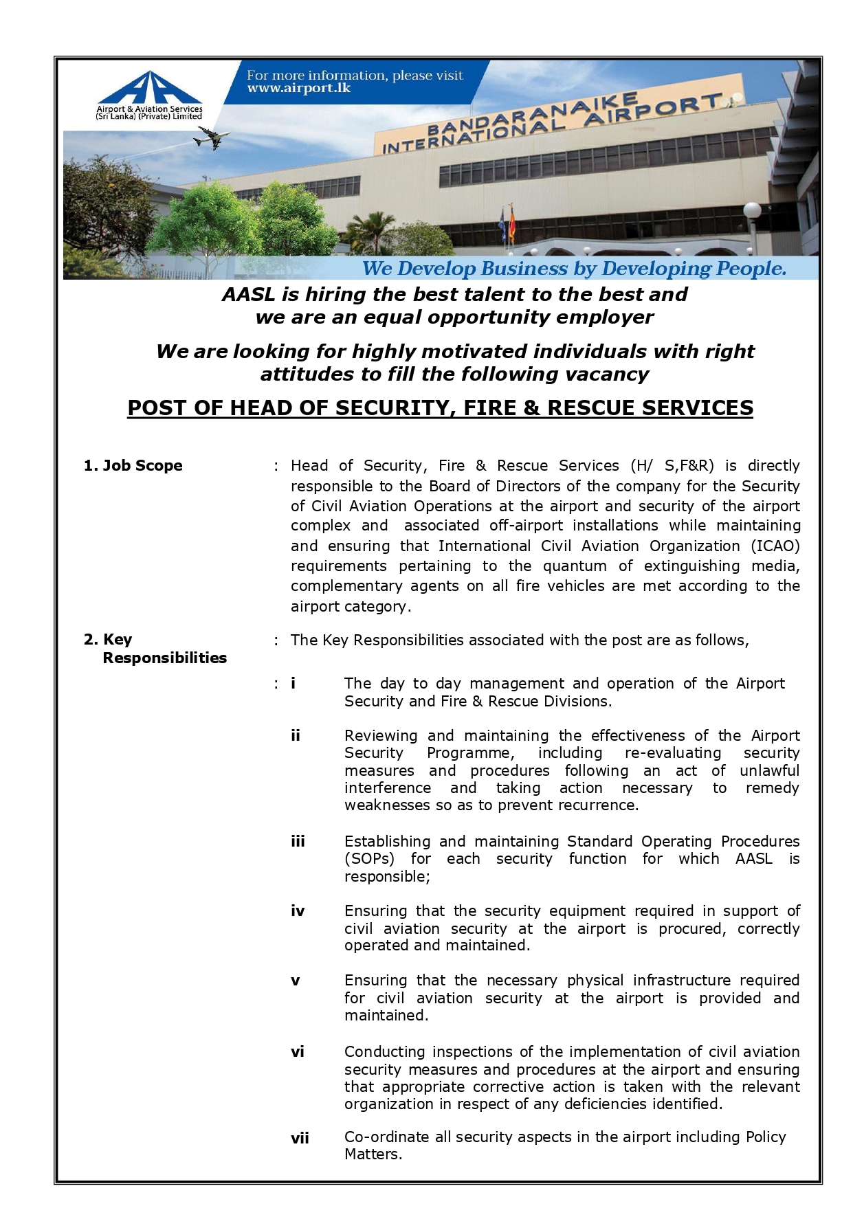 Head of Security (Fire & Rescue Services) - Airport & Aviation Services (Sri Lanka) (Private) Limited