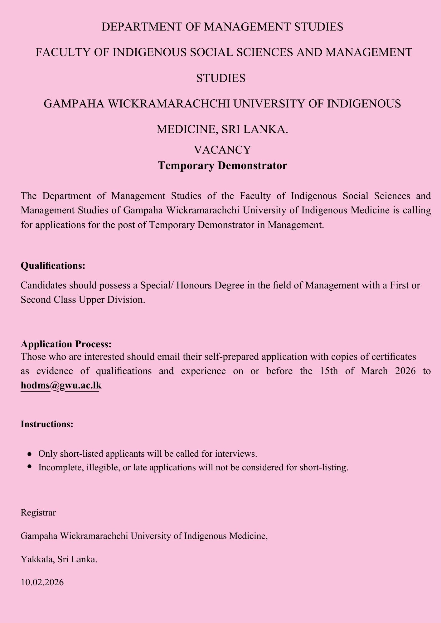 Temporary Demonstrator - Gampaha Wickramarachchi University of Indigenous Medicine
