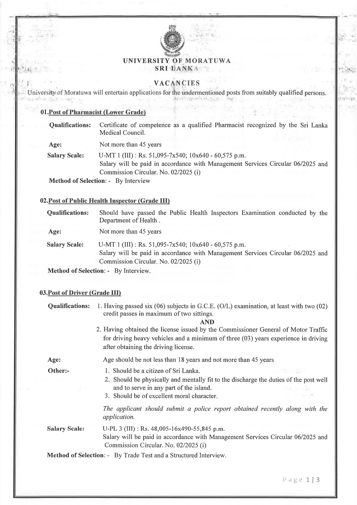 Pharmacist, Public Health Inspector, Driver, Mason, Plumber, Welder, Tractor Operator - University of Moratuwa