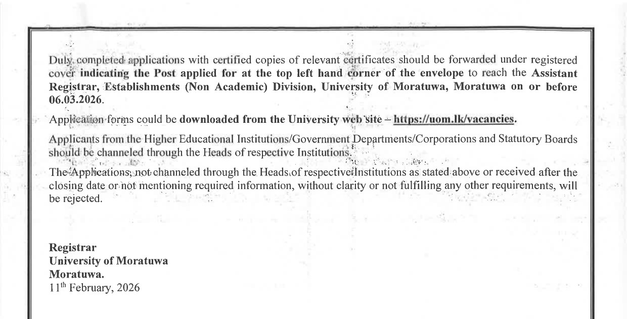 Pharmacist, Public Health Inspector, Driver, Mason, Plumber, Welder, Tractor Operator - University of Moratuwa