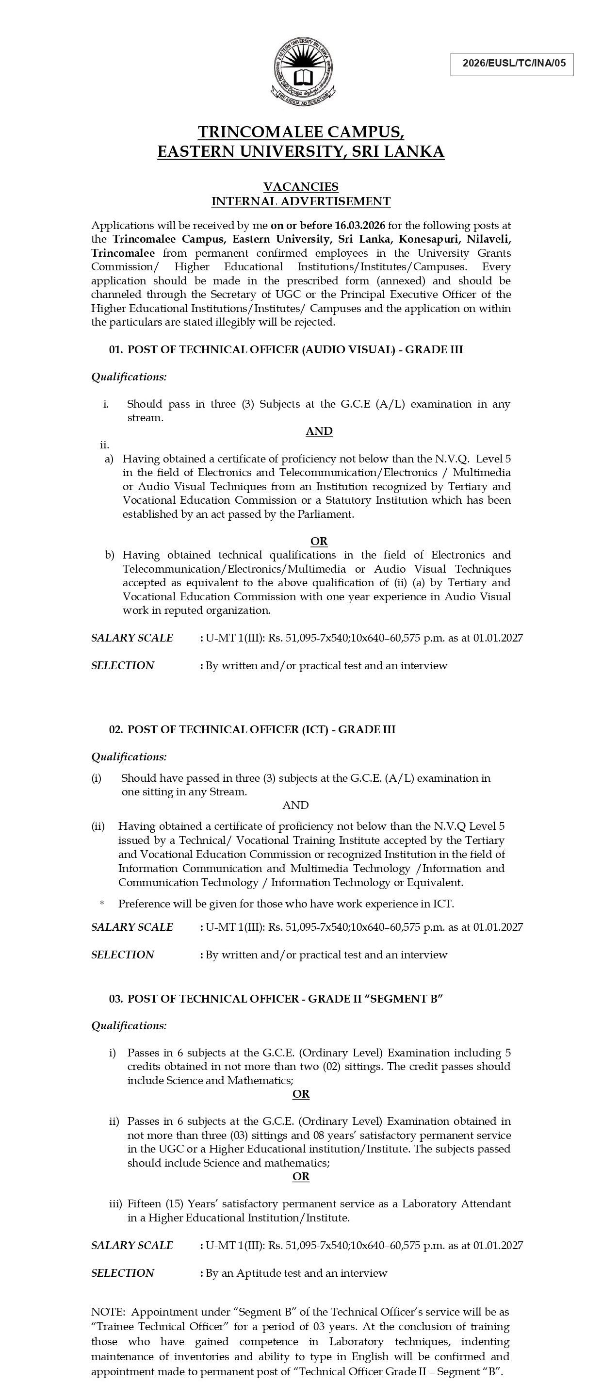 Management Assistant (Shroff), Technical Officer, Marshal, Security Inspector, Library Information Assistant, Driver, Nursery Man, Laboratory Attendant, Caretaker/Cook, Gymnasium Attendant - Eastern University  