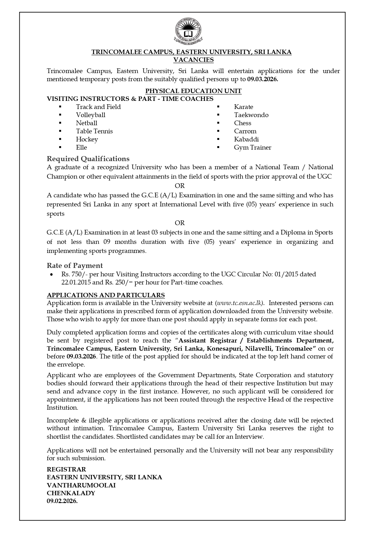 Visiting Instructors & Part time Coaches - Eastern University