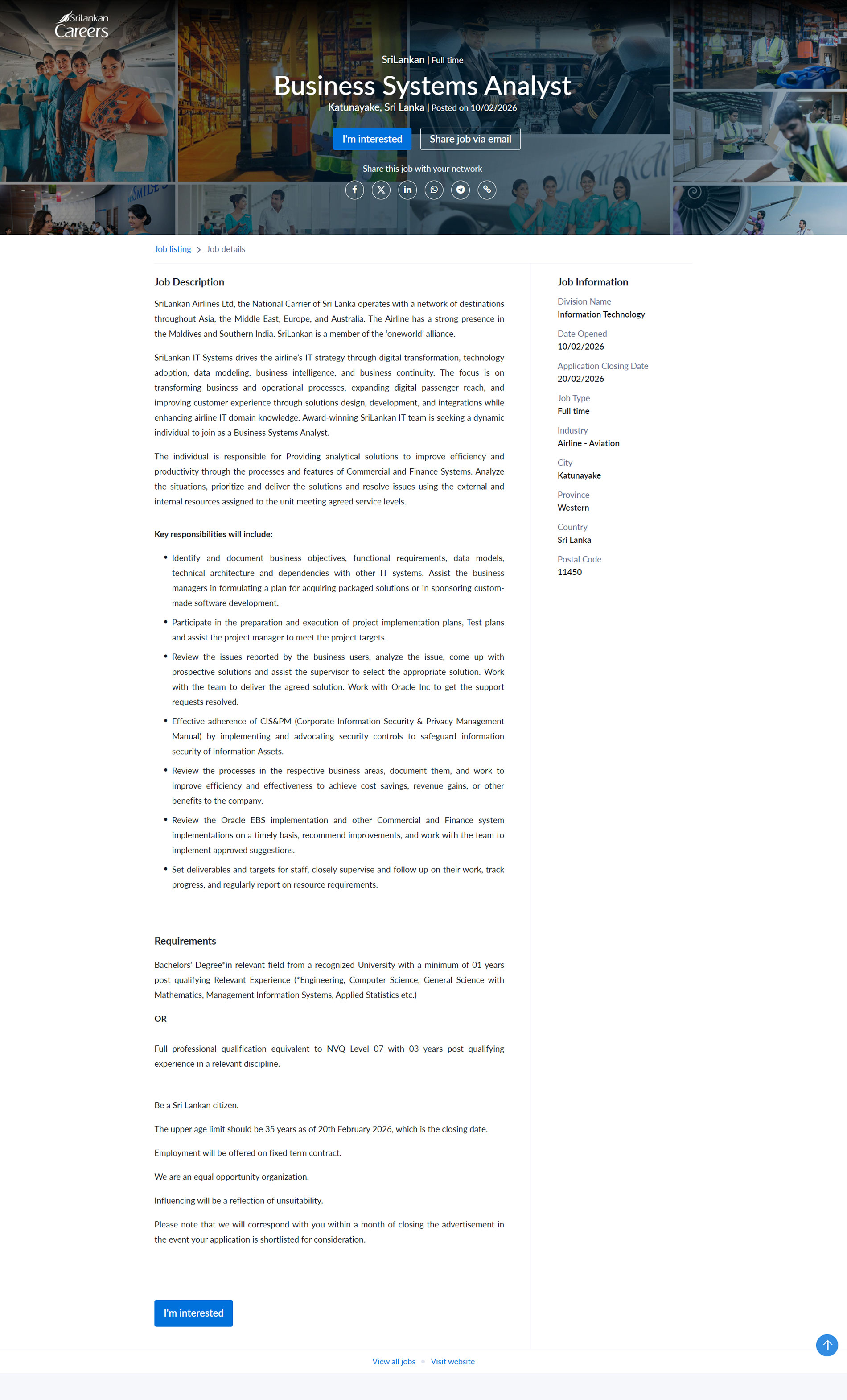 Business Systems Analyst - SriLankan Airlines Limited 