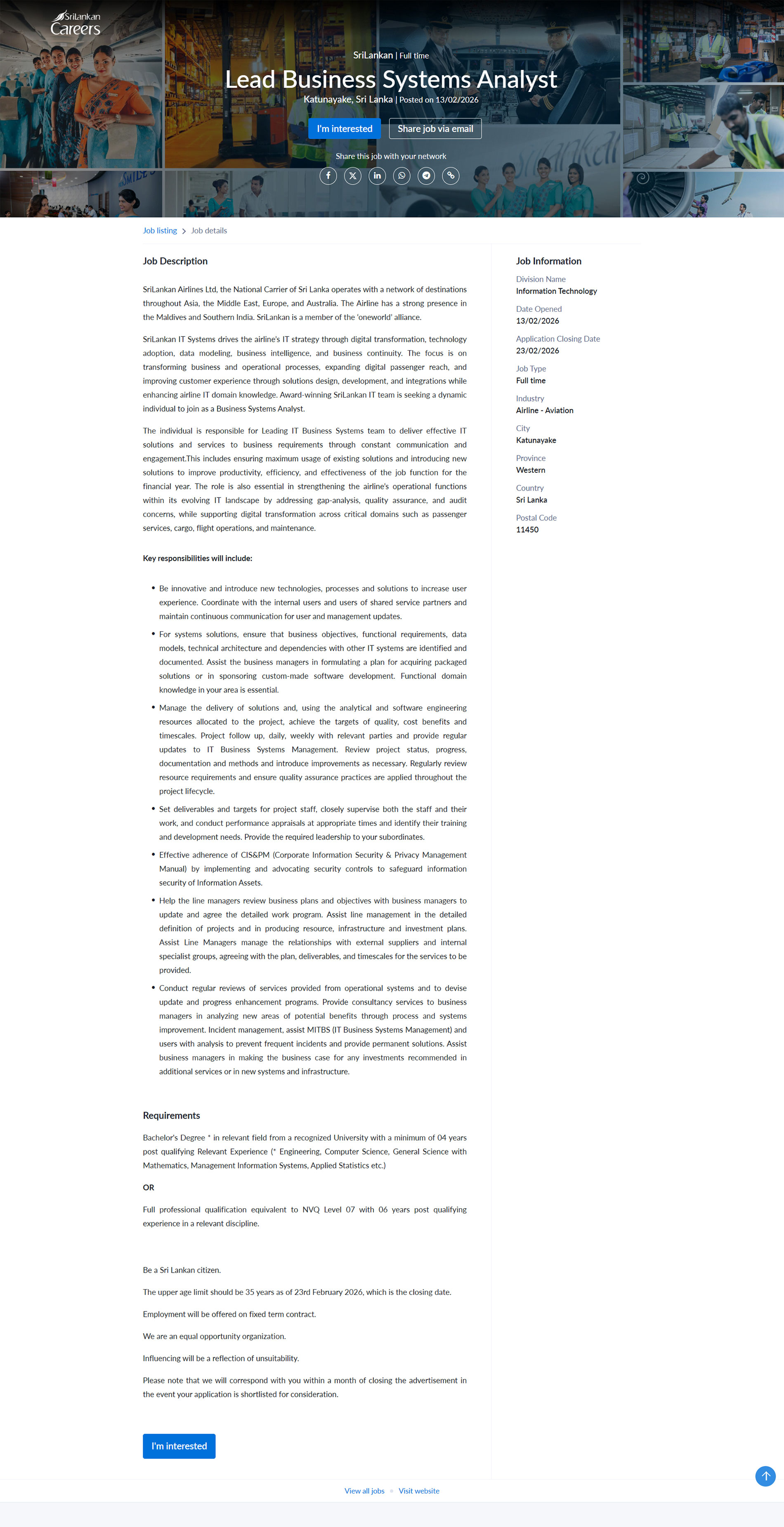 Lead Business Systems Analyst - SriLankan Airlines Limited 