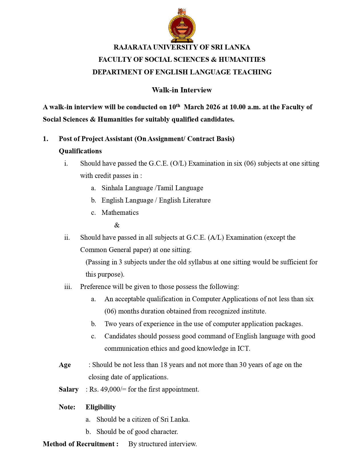 Project Assistant - Rajarata University of Sri Lanka