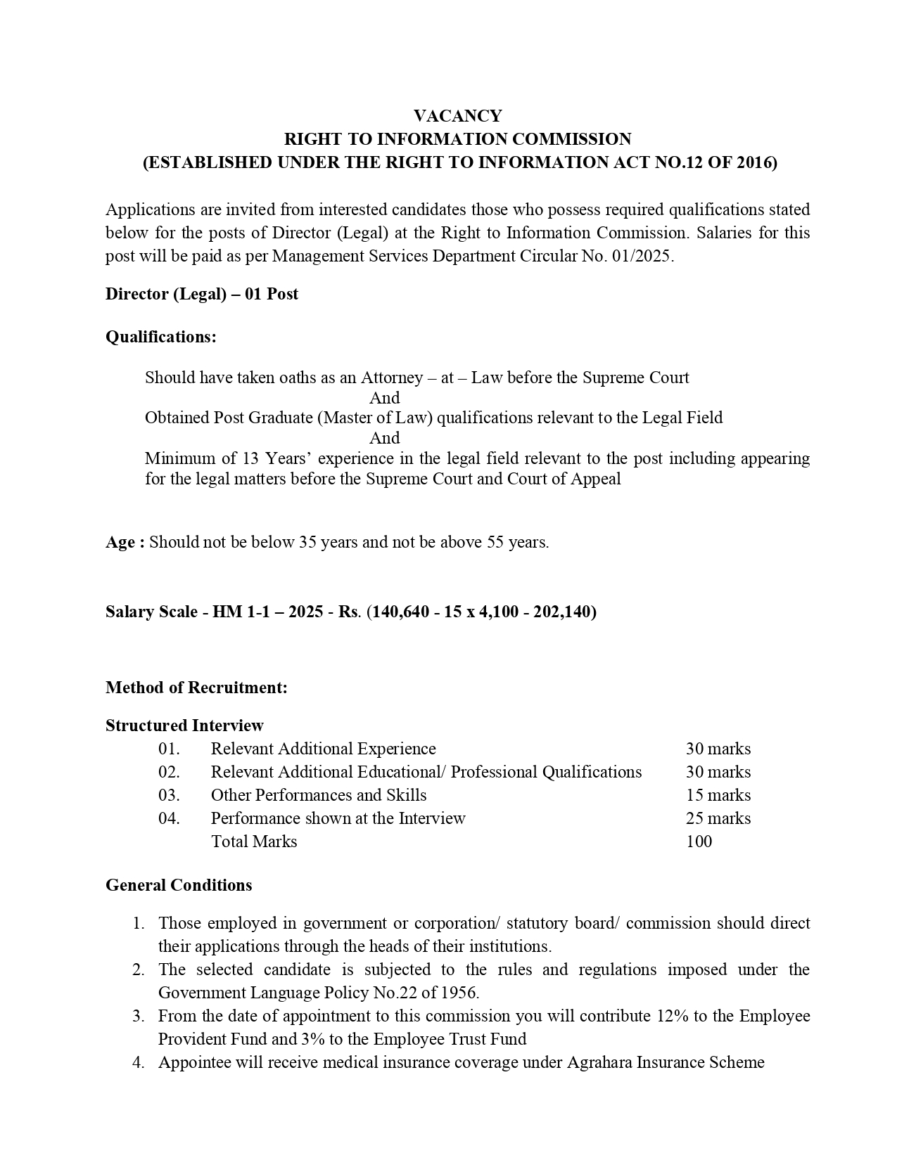 Director (Legal), Information Technology Assistant - Right to Information Commission