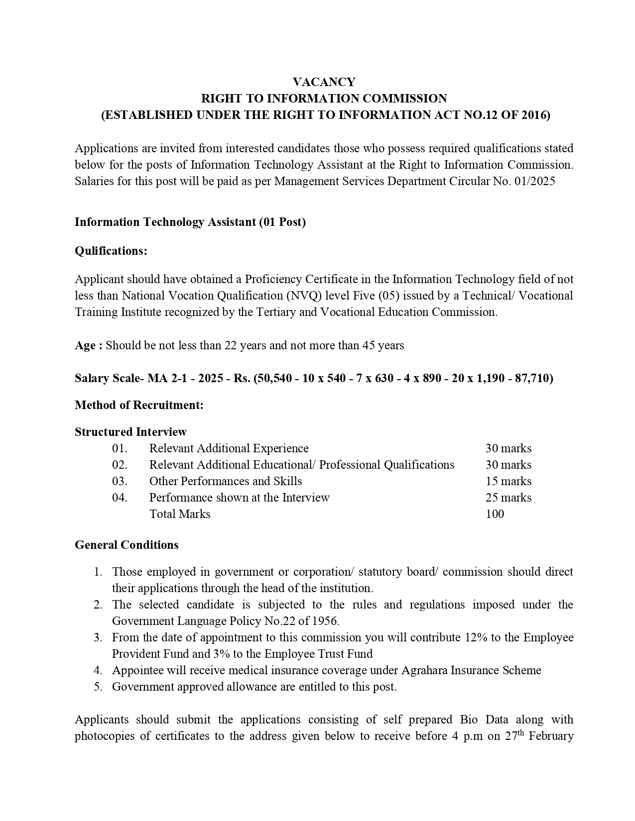 Director (Legal), Information Technology Assistant - Right to Information Commission