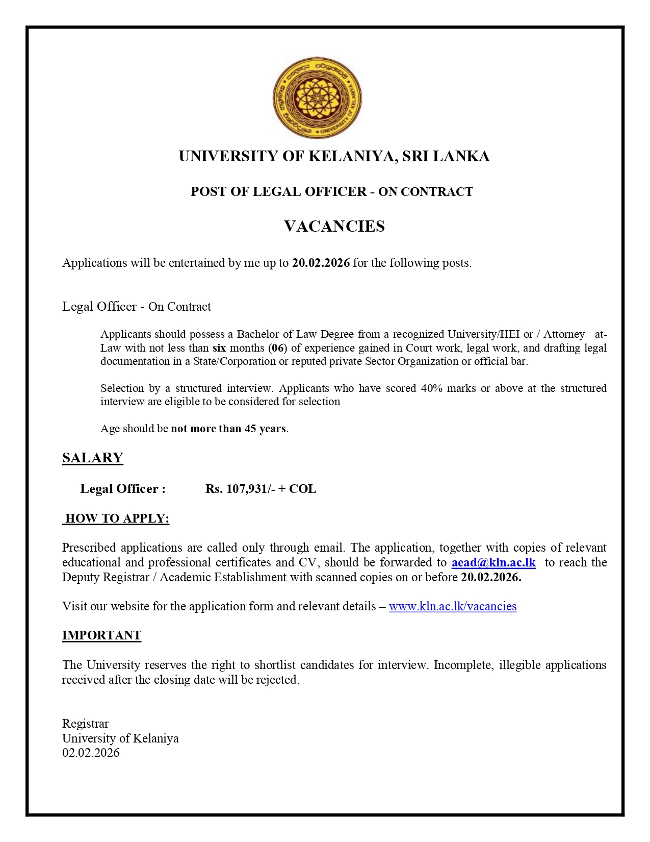 Legal Officer - University of Kelaniya