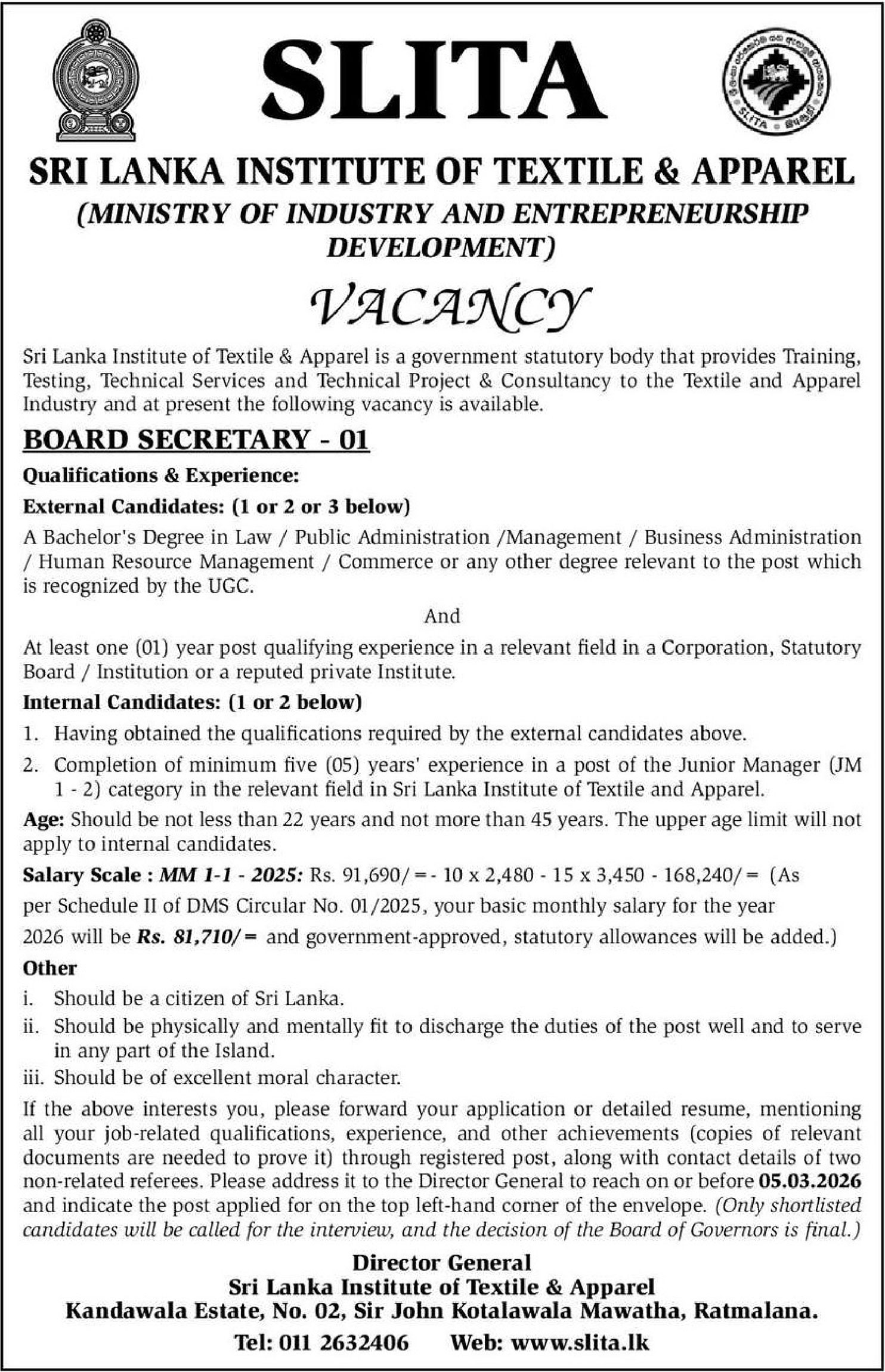 Board Secretary - Sri Lanka Institute of Textile & Apparel