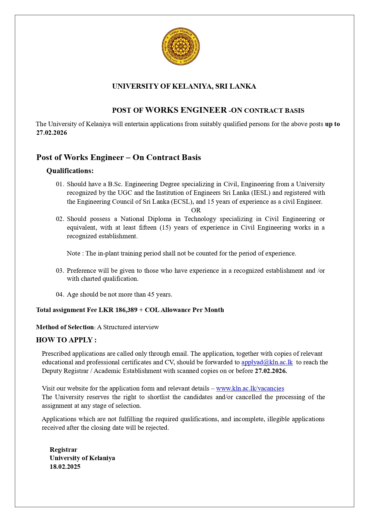 Works Engineer - University of Kelaniya