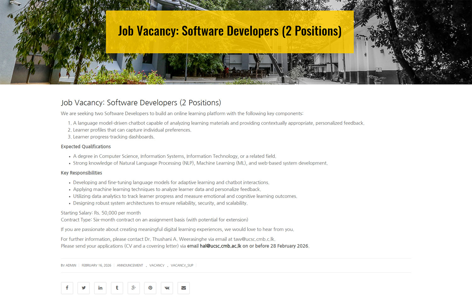 Software Developer - University of Colombo School of Computing