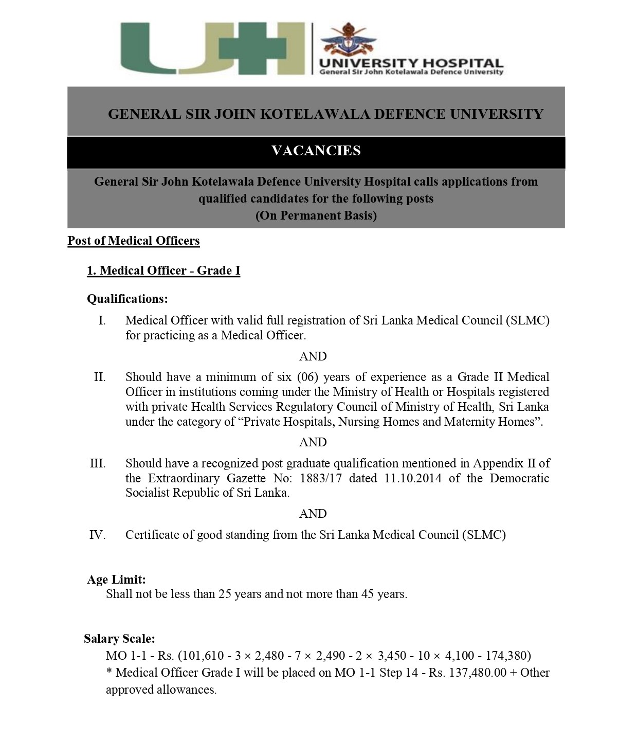 Medical Officer, Nursing Officer - University Hospital - General Sri John Kotelawala Defence University