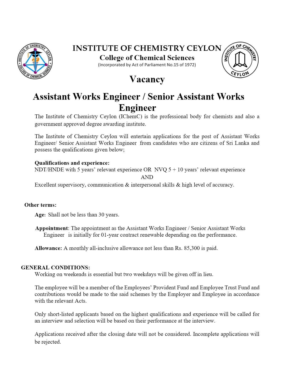 Assistant Works Engineer/Senior Assistant Works Engineer - Institute of Chemistry Ceylon