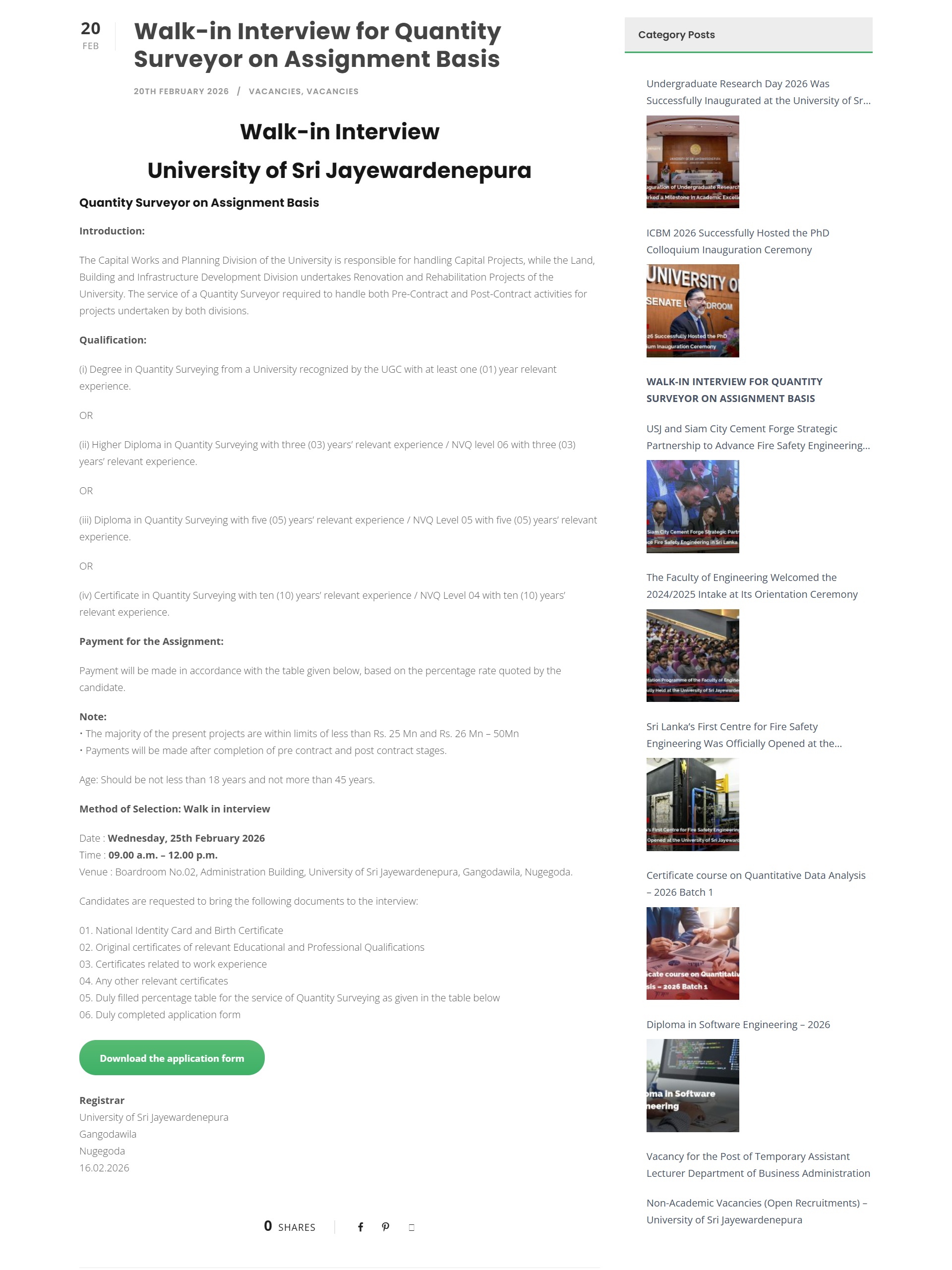 Quantity Surveyor - University of Sri Jayewardenepura