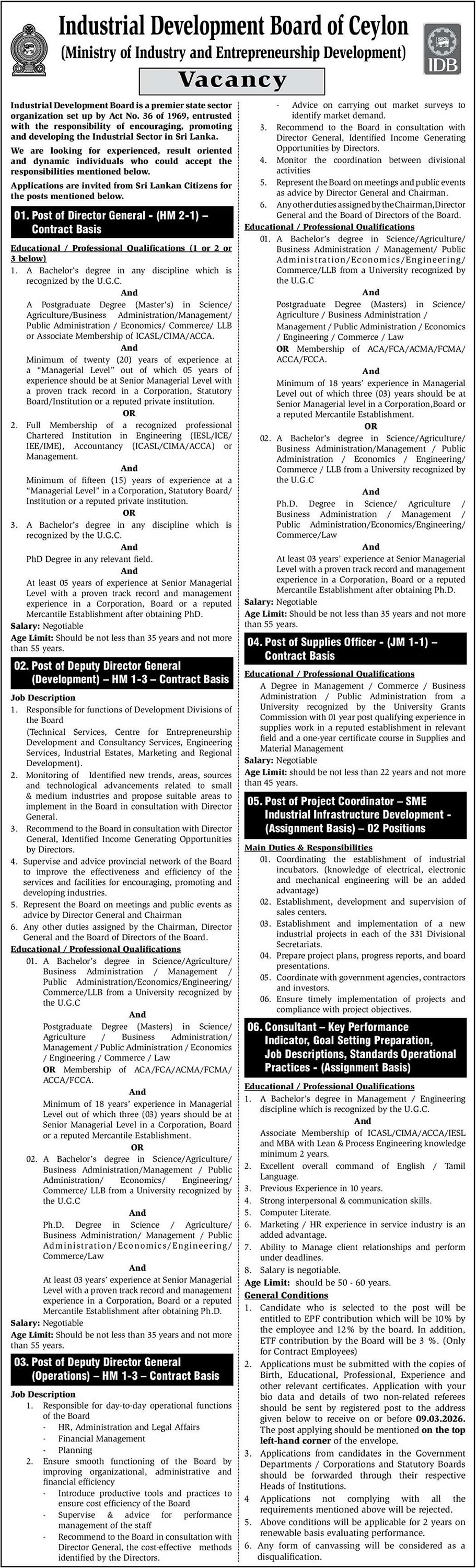 Director General, Deputy Director General, Supplies Officer, Project Coordinator, Consultant - Industrial Development Board of Ceylon