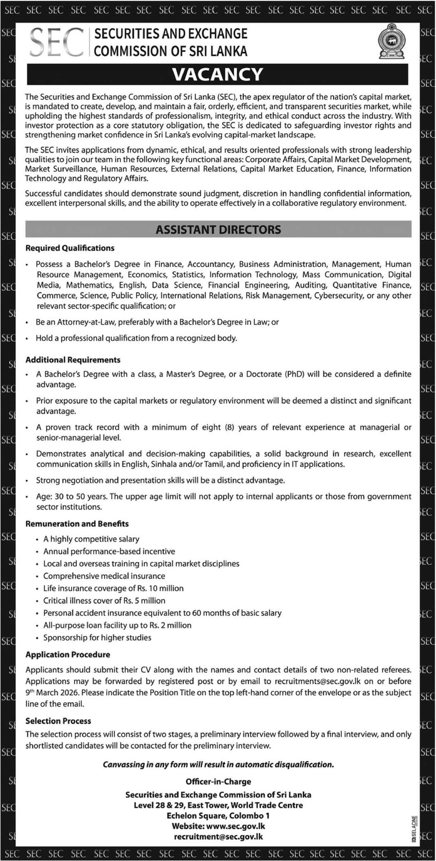Assistant Director - Securities & Exchange Commission of Sri Lanka