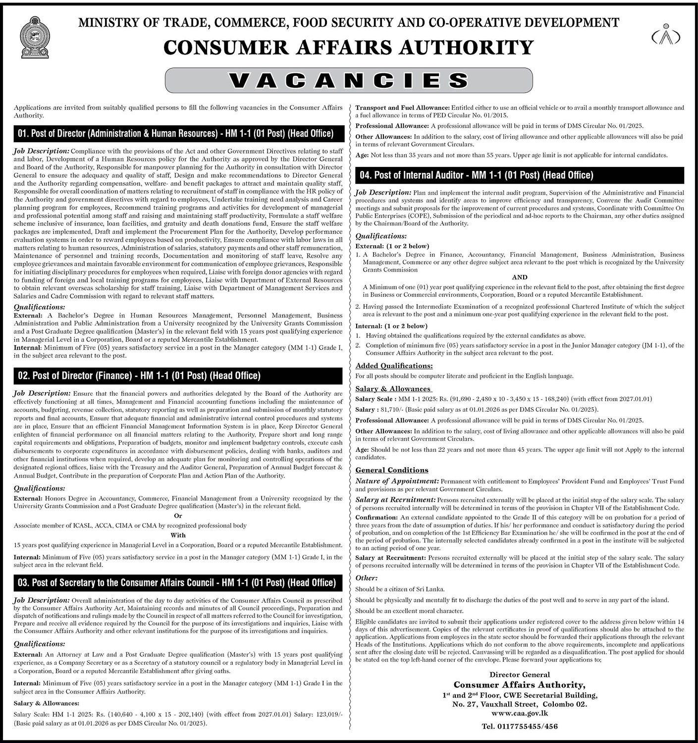 Director, Secretary, Internal Auditor - Consumer Affairs Authority