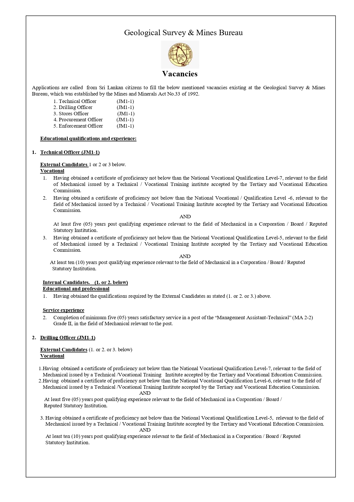 Technical Officer, Drilling Officer, Stores Officer, Procurement Officer, Enforcement Officer - Geological Survey & Mines Bureau