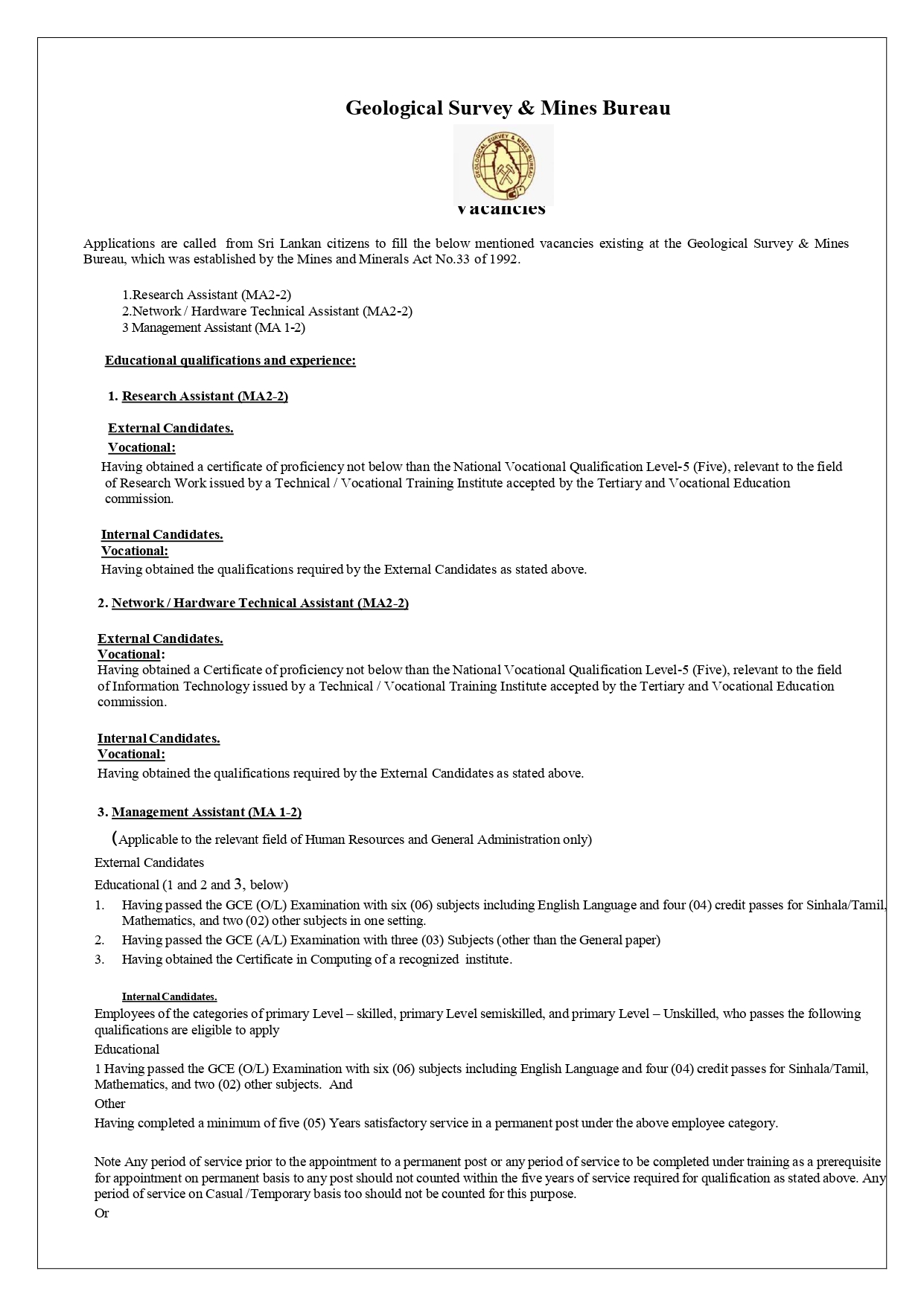 Management Assistant, Research Assistant, Network/Hardware Technical Assistant - Geological Survey & Mines Bureau