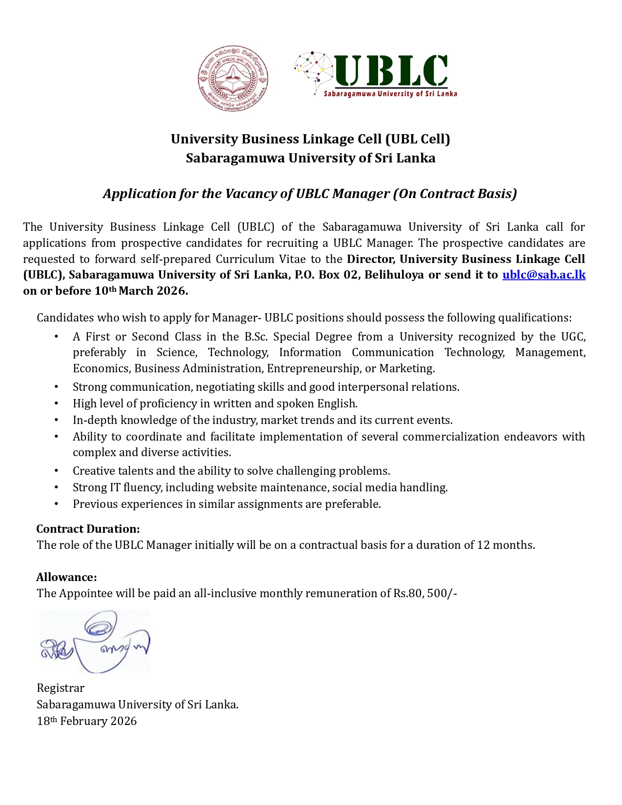 Manager - Sabaragamuwa University of Sri Lanka