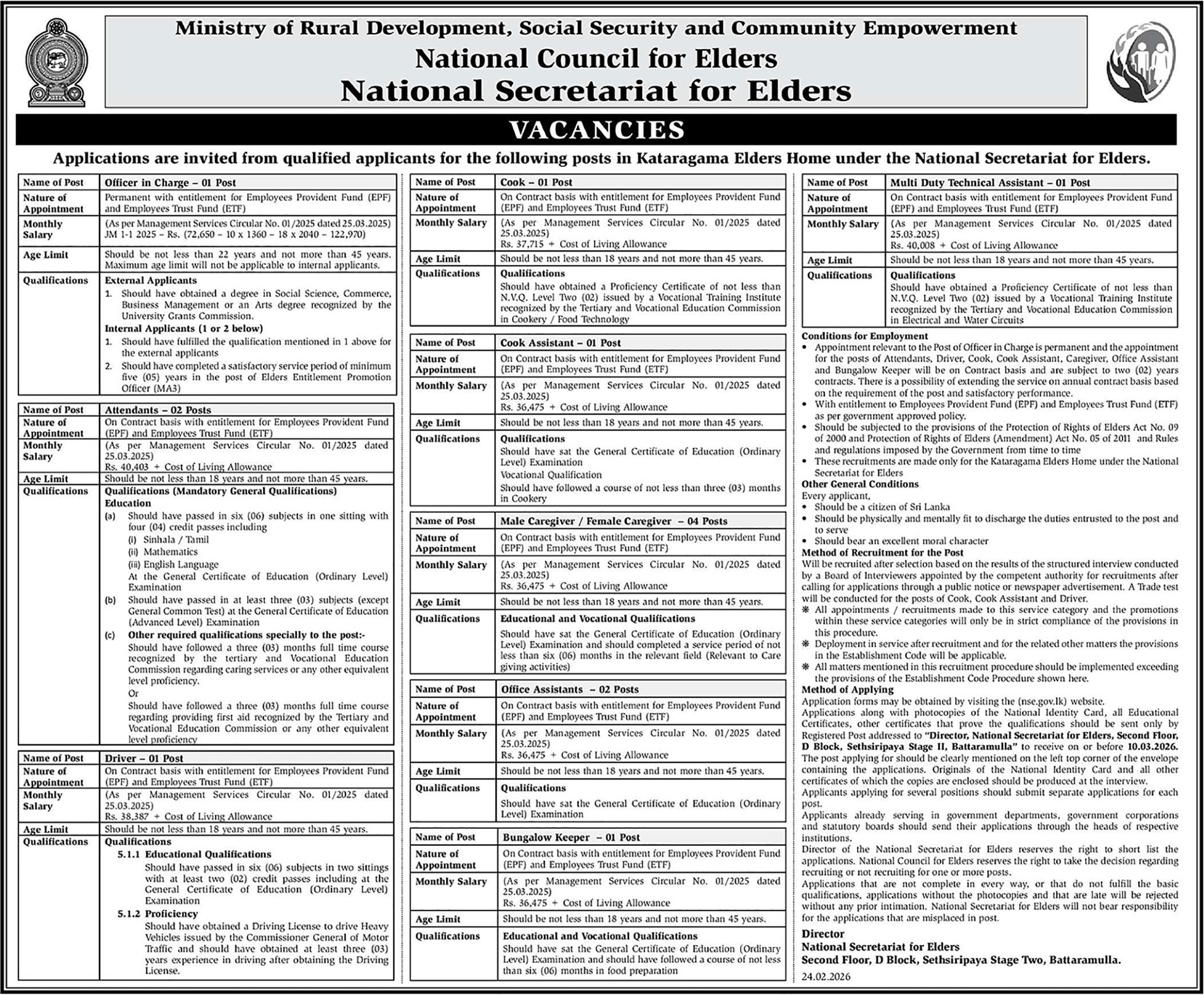 Officer in Charge, Attendant, Driver, Cook, Cook Assistant, Caregiver (Male, Female), Office Assistant, Bungalow Keeper, Multi Duty Technical Assistant - National Secretariat for Elders 