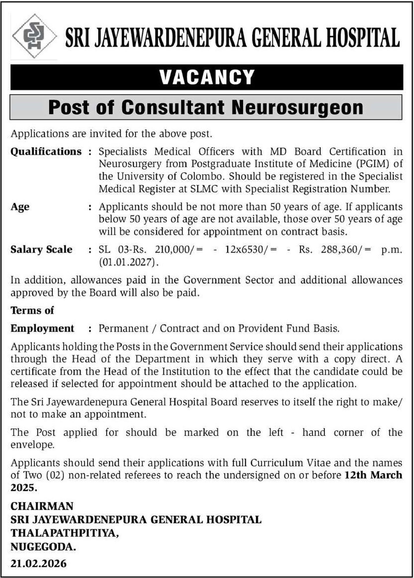 Consultant Neurosurgeon - Sri Jayewardenepura General Hospital 