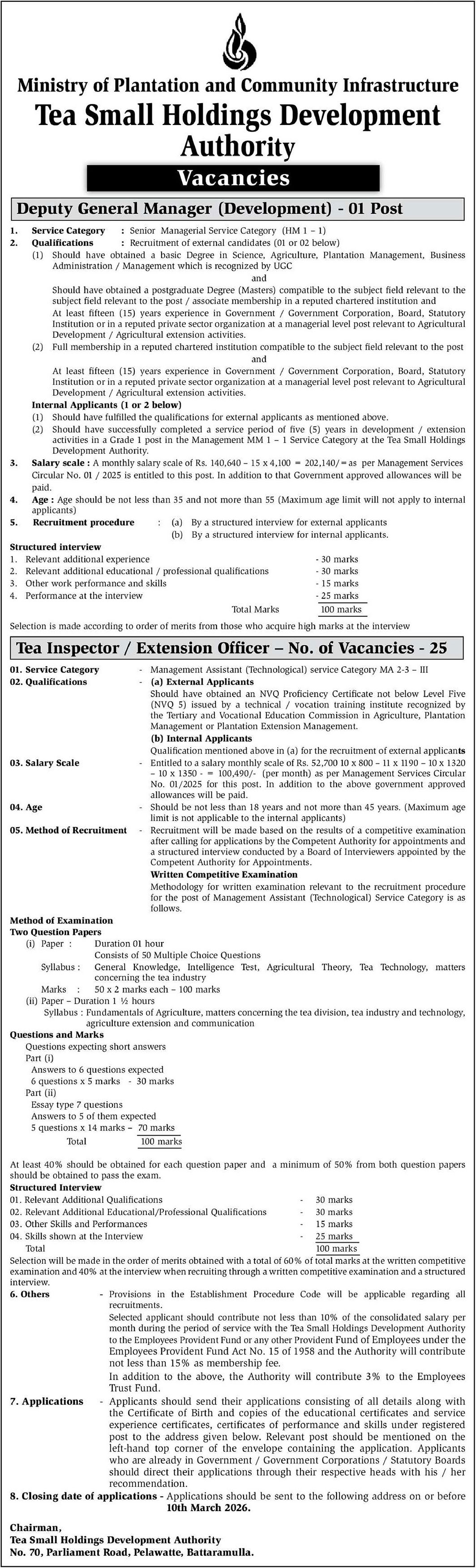 Deputy General Manager (Development), Tea Inspector/Extension Officer - Tea Small Holdings Development Authority