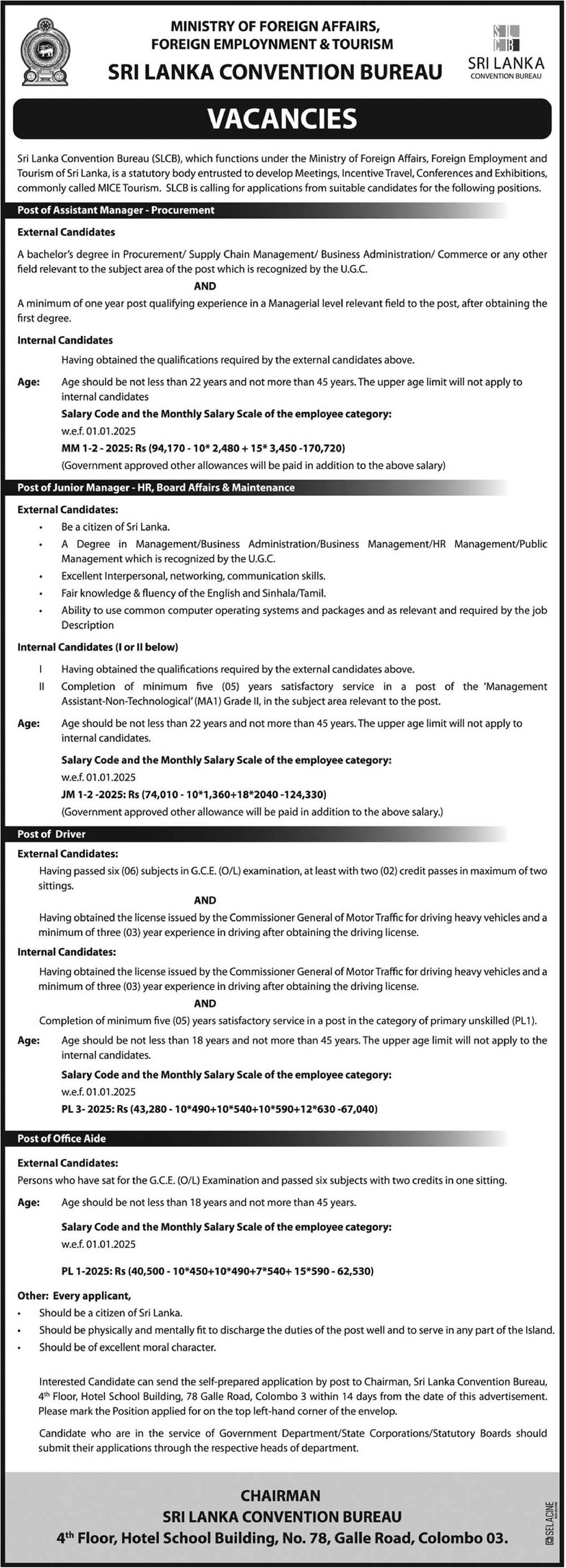 Assistant Manager, Junior Manager, Driver, Office Aide - Sri Lanka Convention Bureau