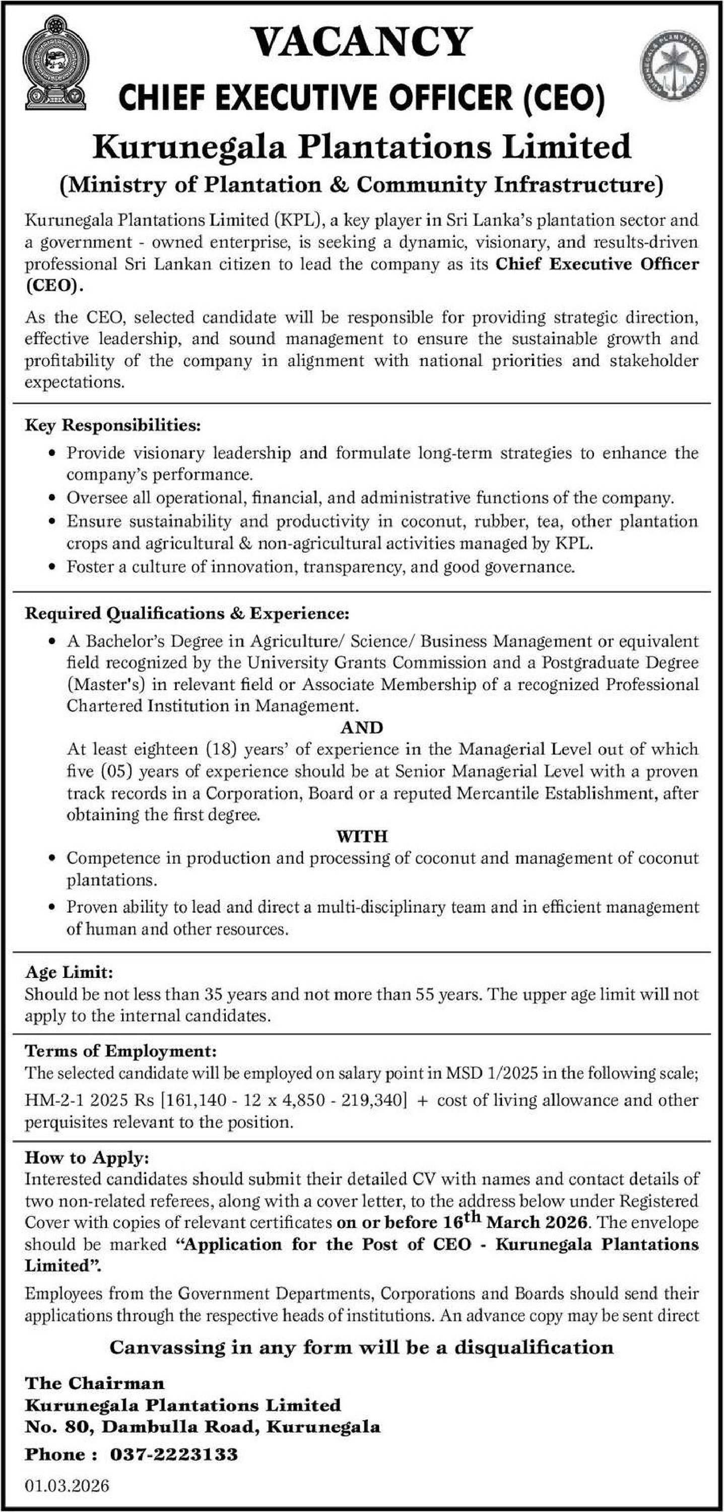 Chief Executive Officer - Kurunegala Plantations Limited