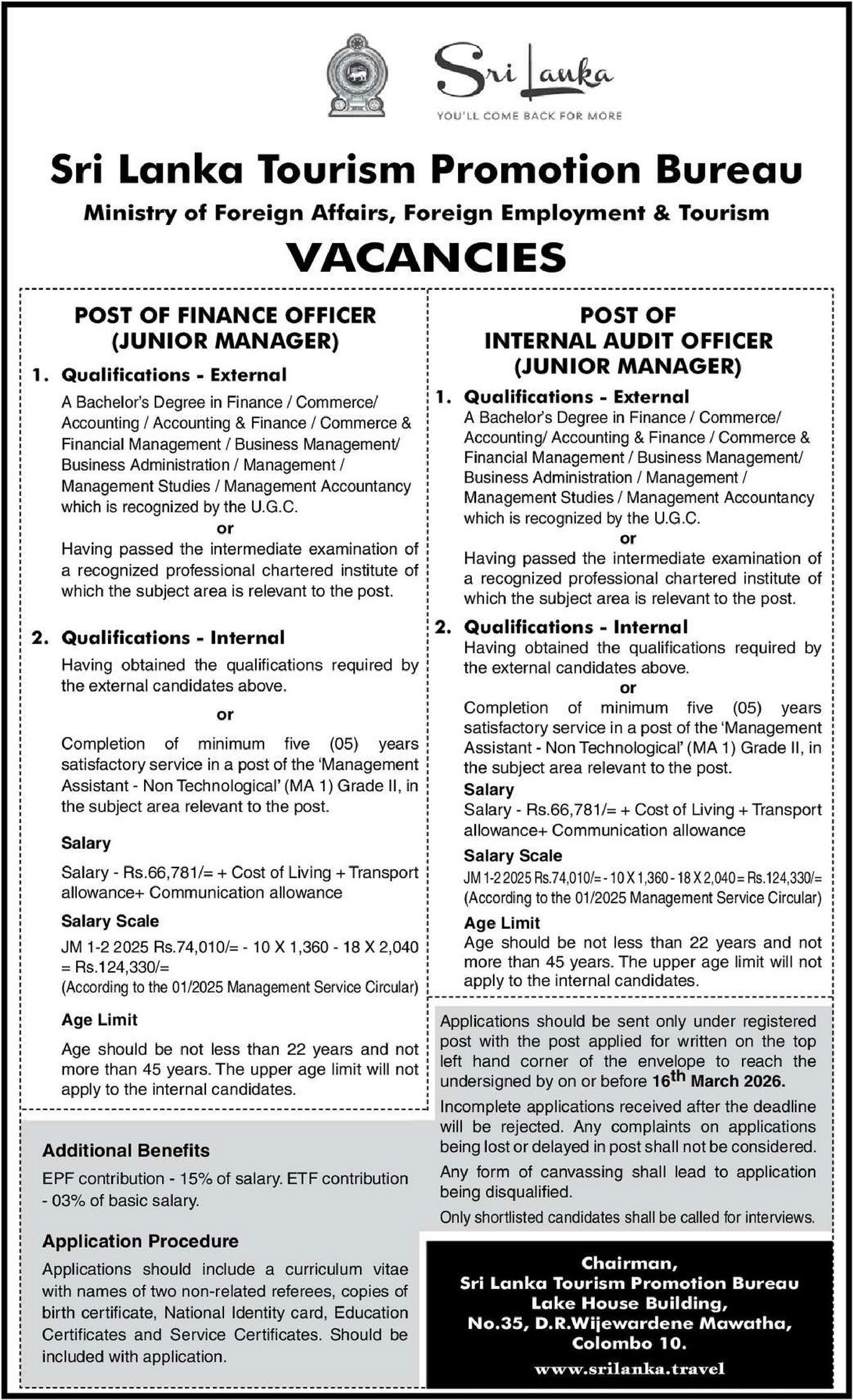 Finance Officer, Internal Audit Officer - Sri Lanka Tourism Promotion Bureau