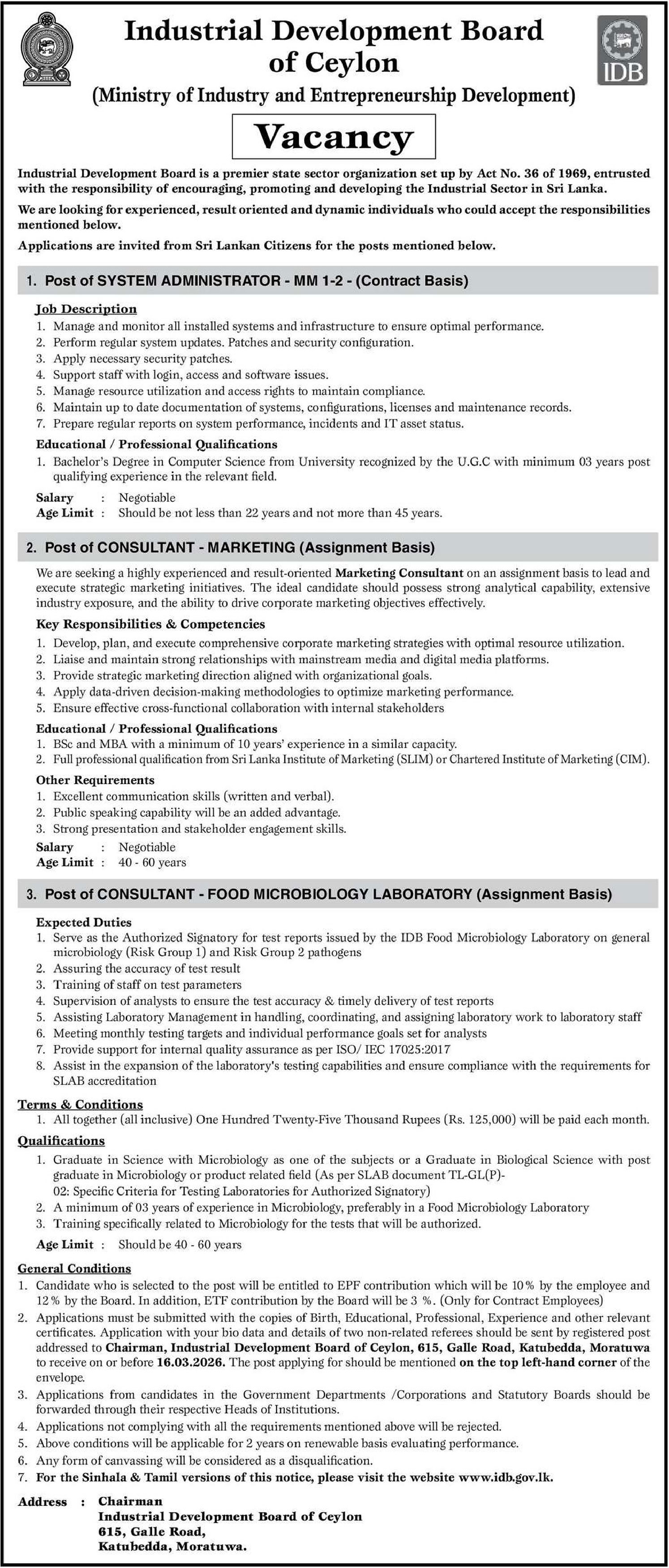 System Administrator, Consultant - Industrial Development Board of Ceylon