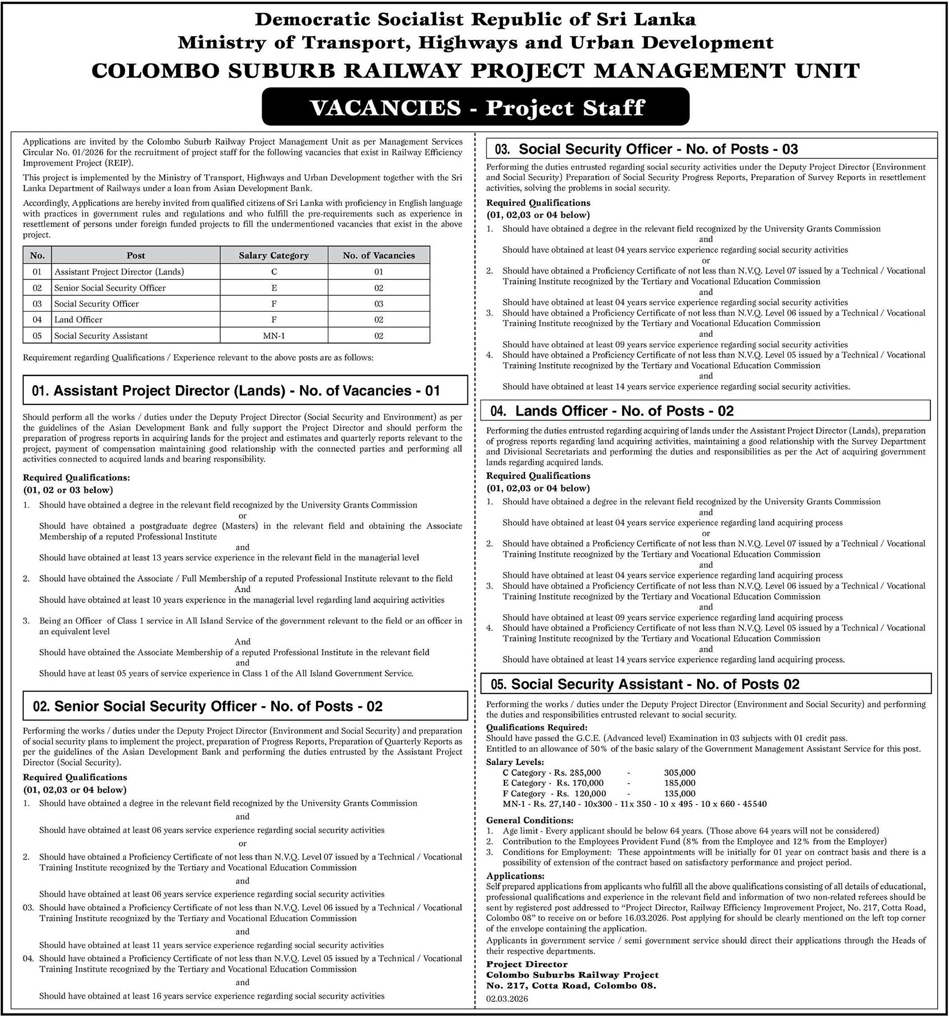 Assistant Project Director, Senior Social Security Officer, Social Security Officer, Land Officer, Social Security Assistant - Ministry of Transport, Highways & Urban Development 