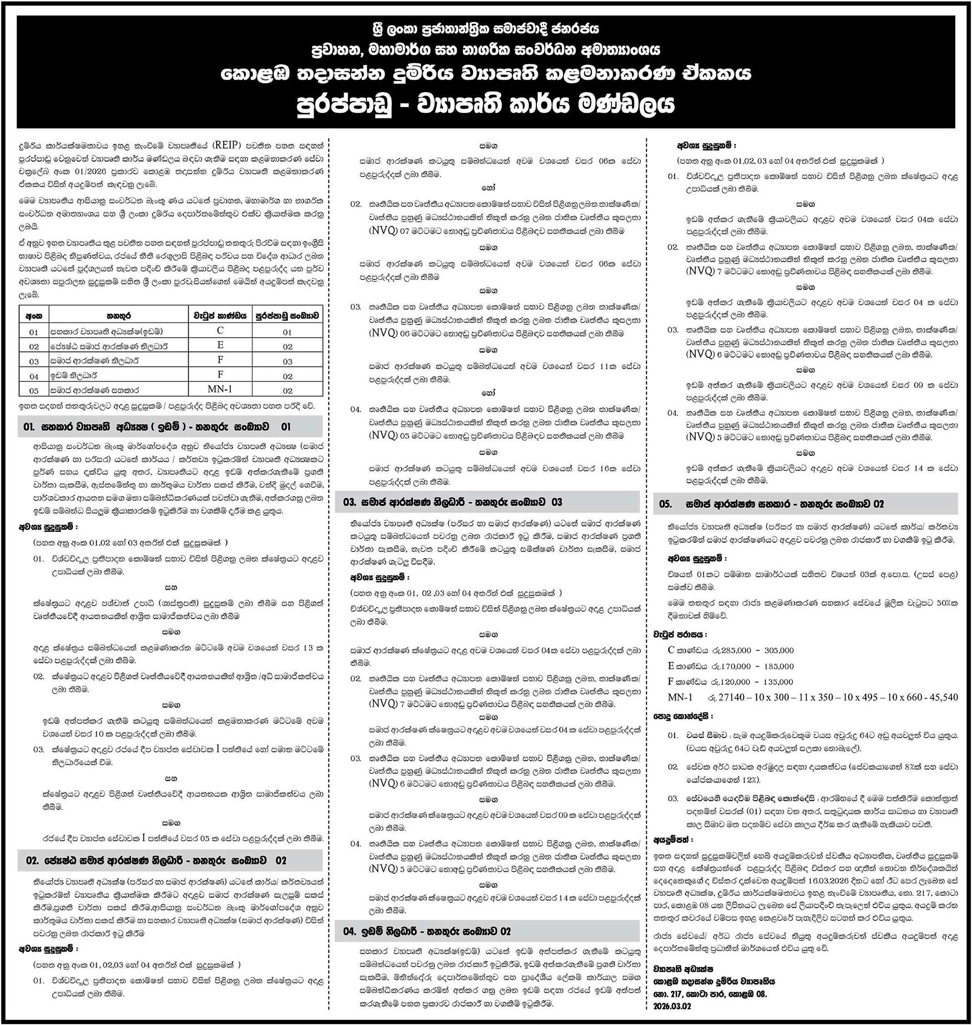 Assistant Project Director, Senior Social Security Officer, Social Security Officer, Land Officer, Social Security Assistant - Ministry of Transport, Highways & Urban Development 
