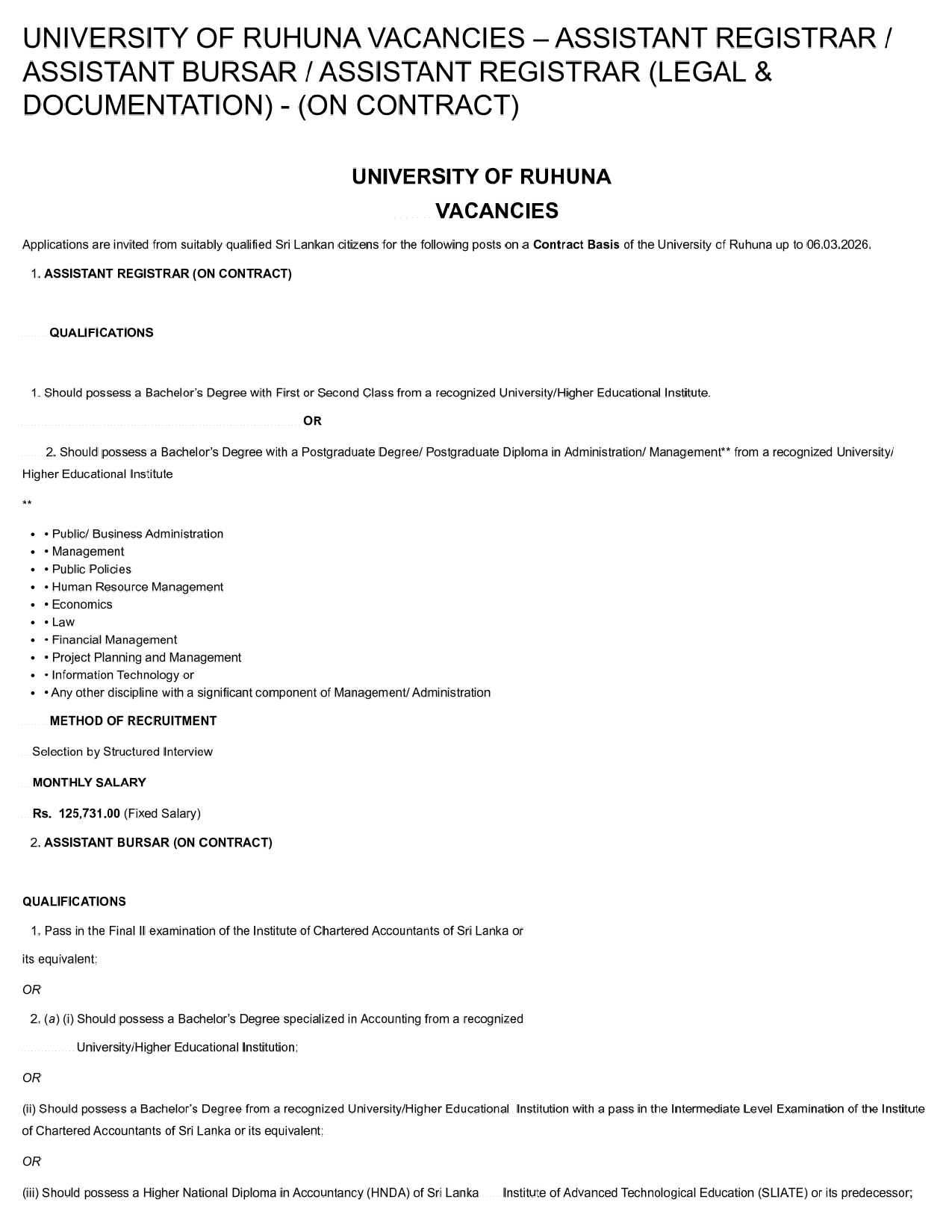 Assistant Registrar, Assistant Barsar - University of Ruhuna