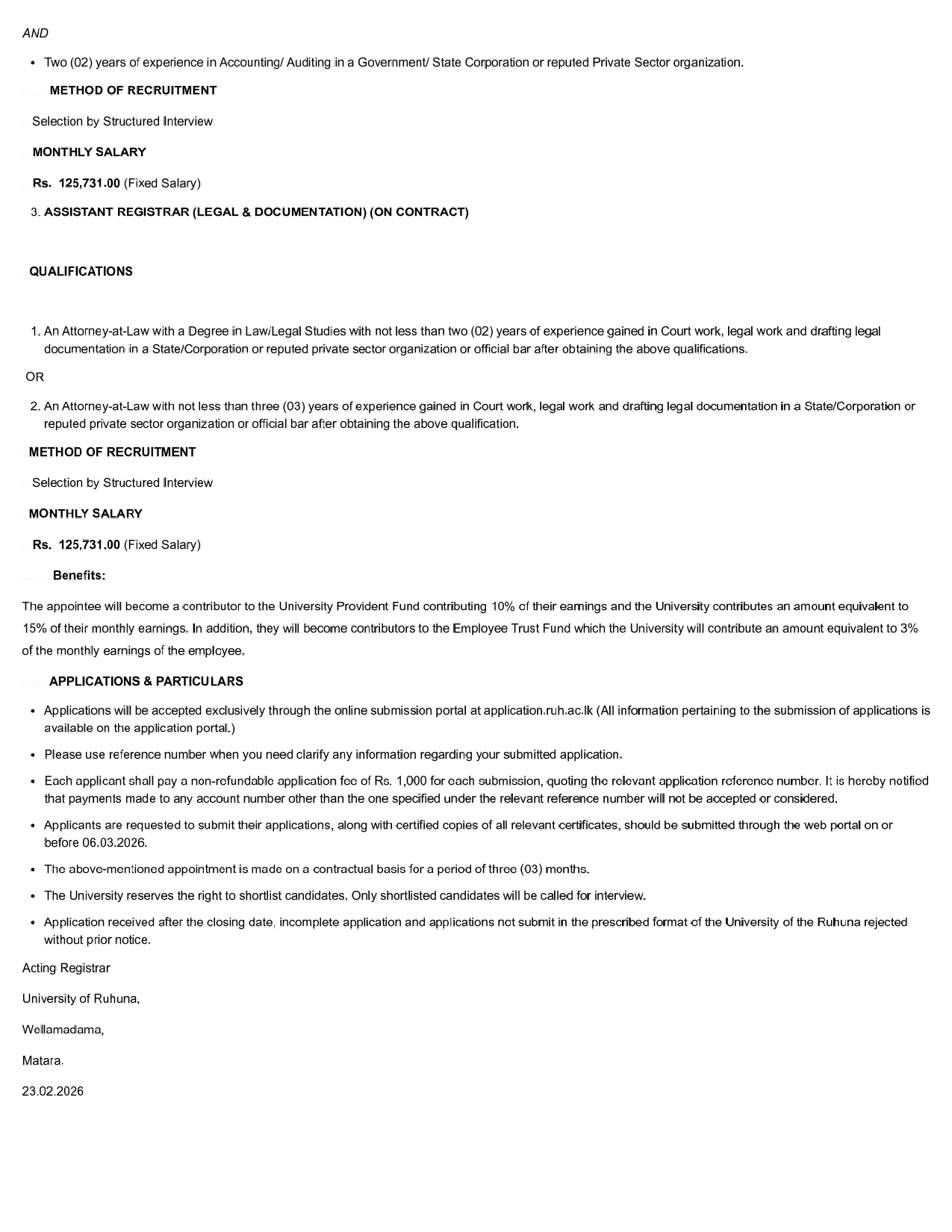 Assistant Registrar, Assistant Barsar - University of Ruhuna