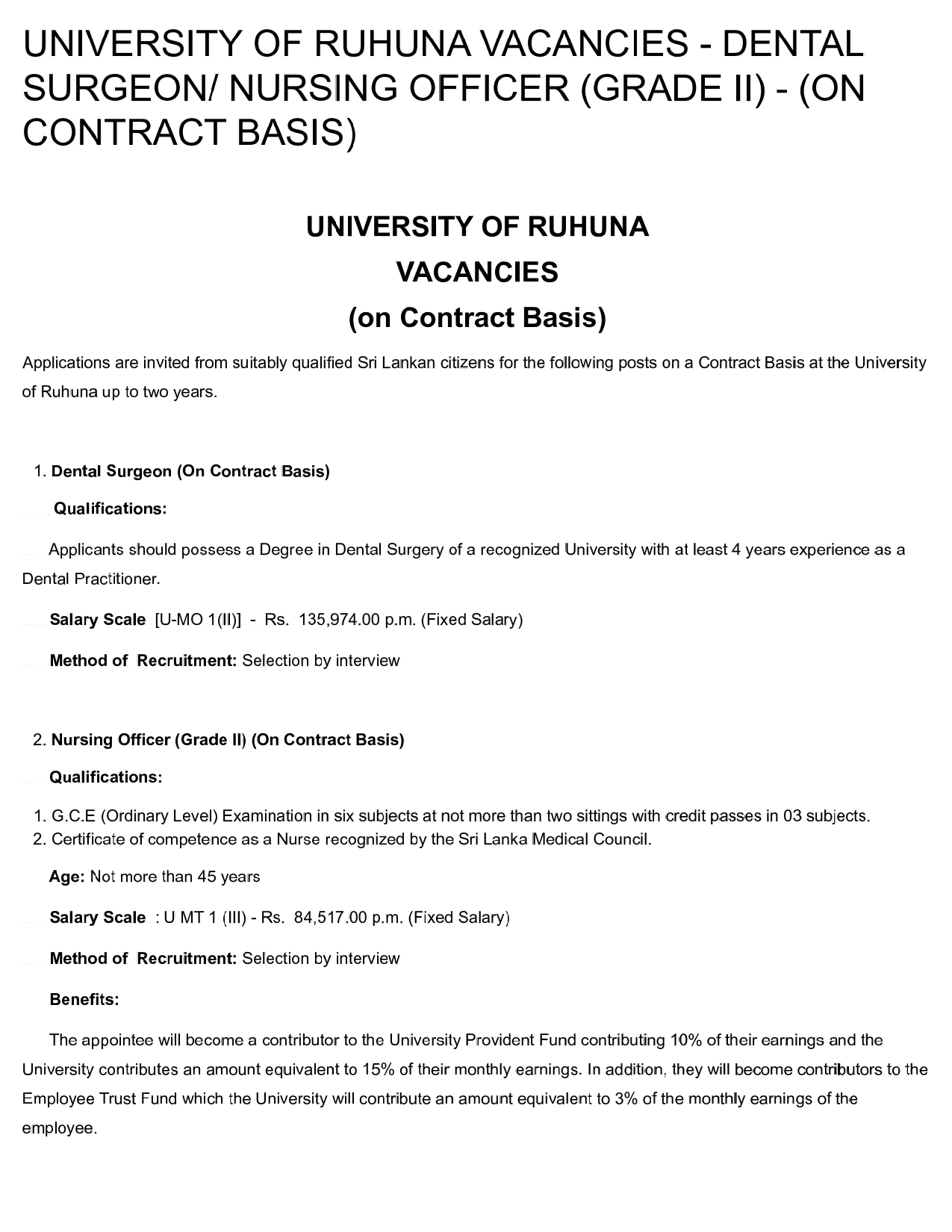 Dental Surgeon, Nursing Officer - University of Ruhuna