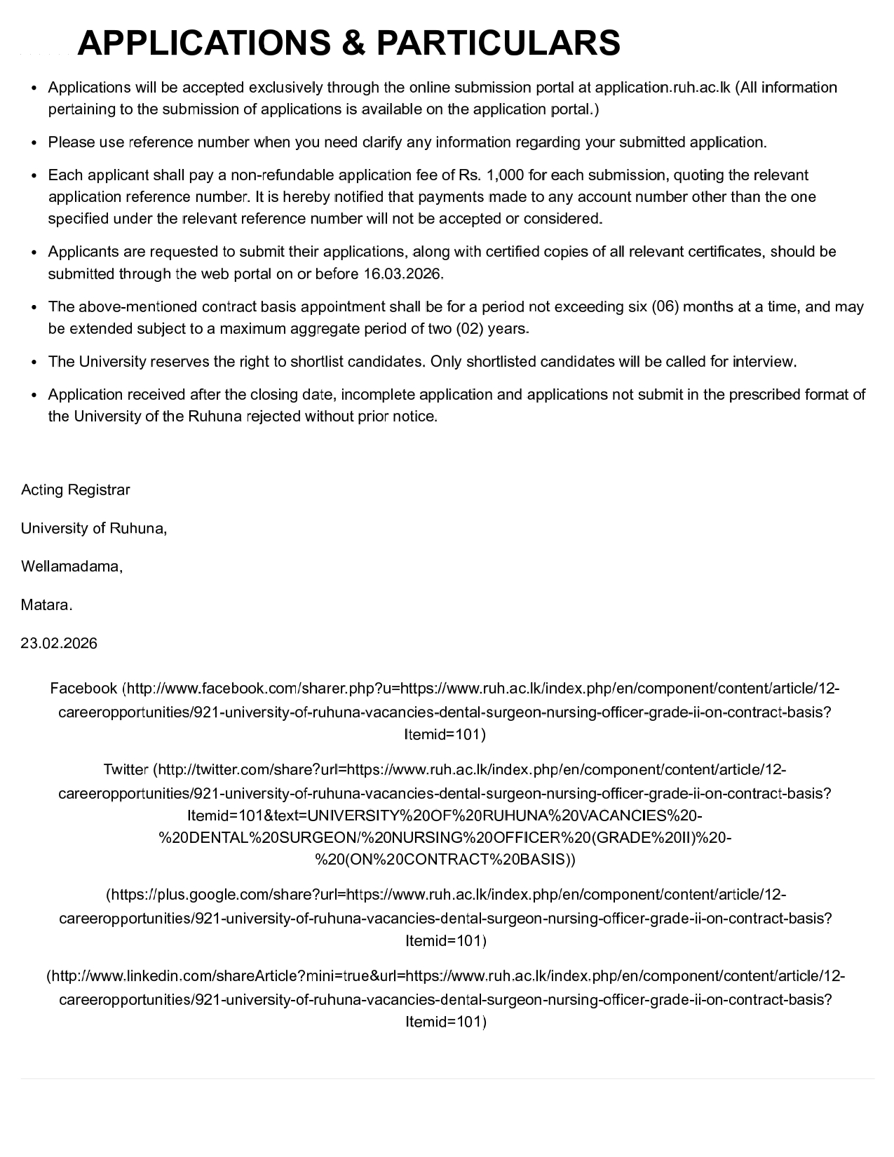 Dental Surgeon, Nursing Officer - University of Ruhuna