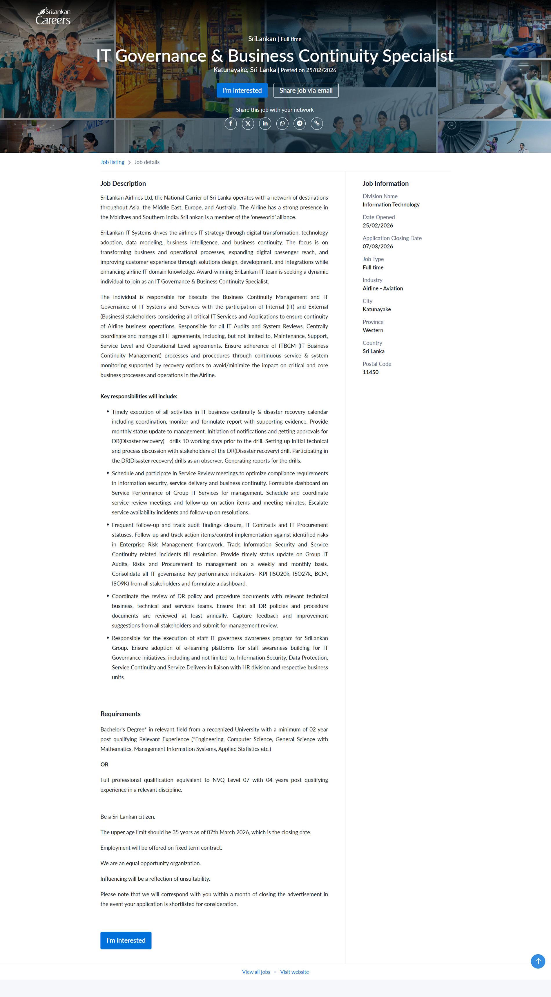 IT Governance & Business Continuity Specialist - SriLankan Airlines Limited