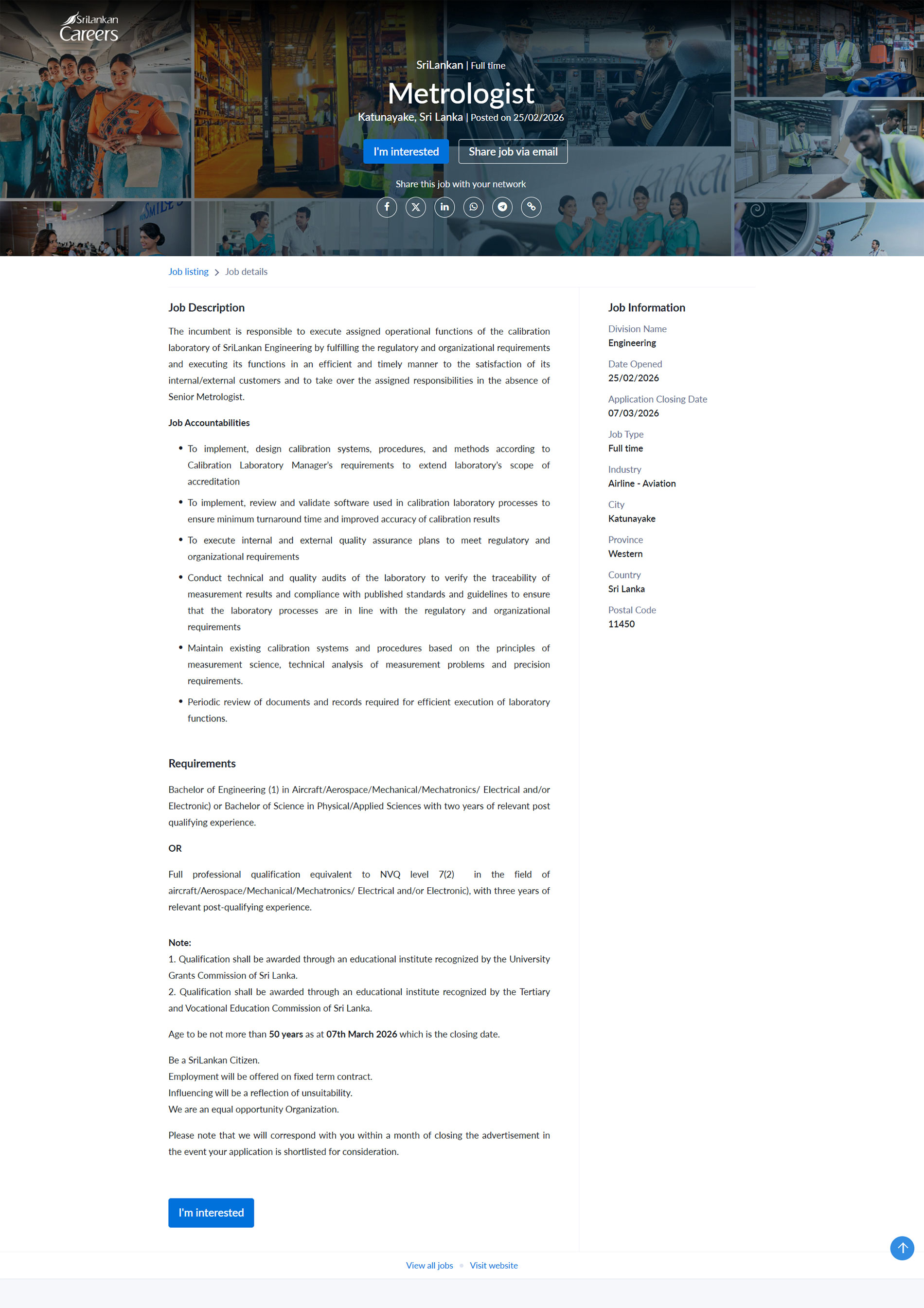 Metrologist - SriLankan Airlines Limited